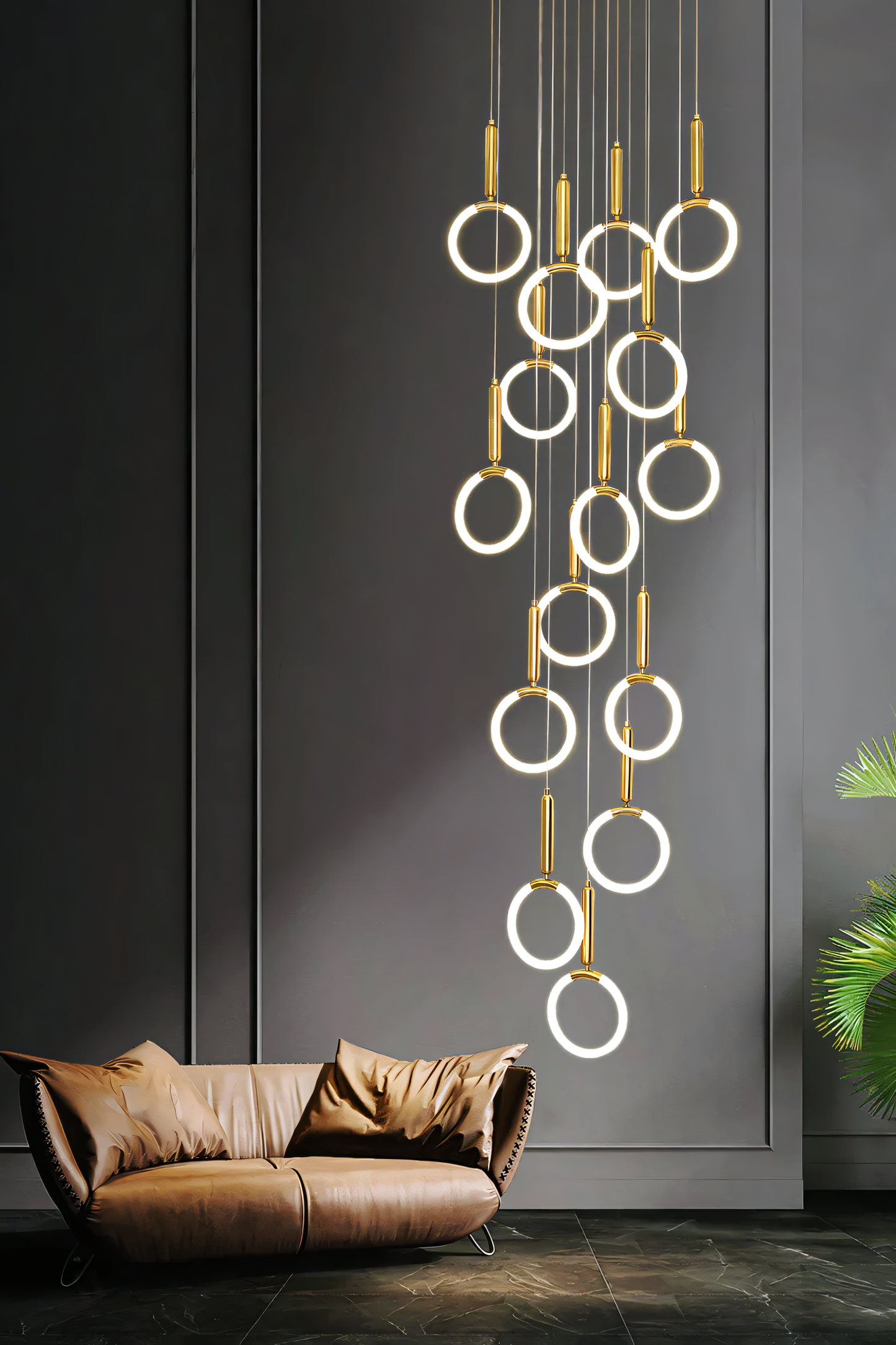 Warm and inviting gold ring double-height chandelier