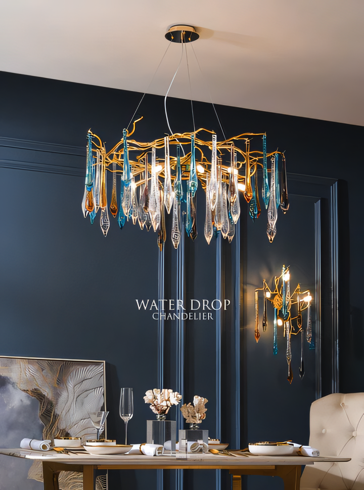 Intricate water drop-inspired crystal panels in chandelier