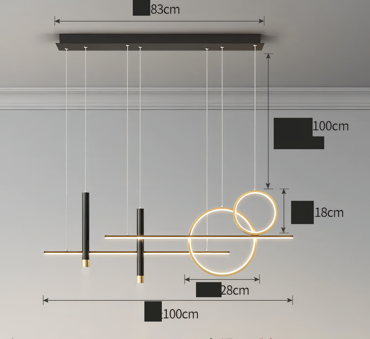 Striking linear chandelier with black and gold finishes creates a captivating dance of light and shadow.