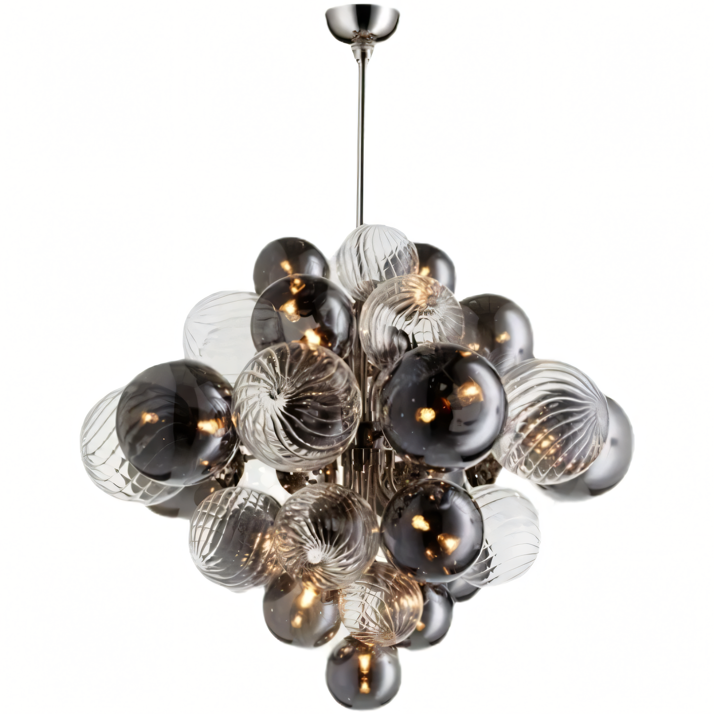 Transform your ceiling into a mesmerizing display of light and shadow with this modern chandelier featuring smokey and clear glass.