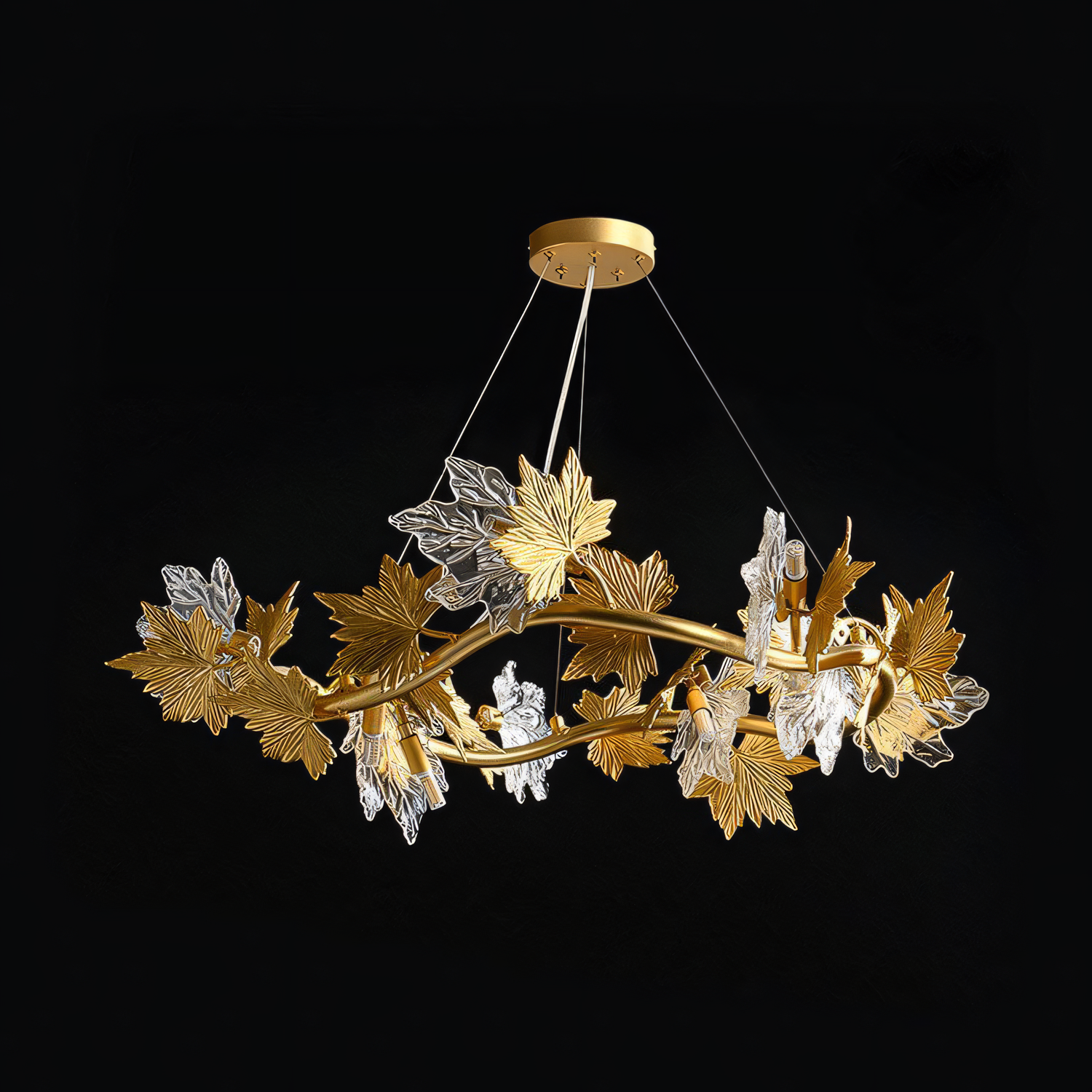 A close-up of the 600 MM Crystal Gold Metal LED Maple Leaf Chandelier reveals the intricate details of the gold frame and the sparkling crystal teardrops.