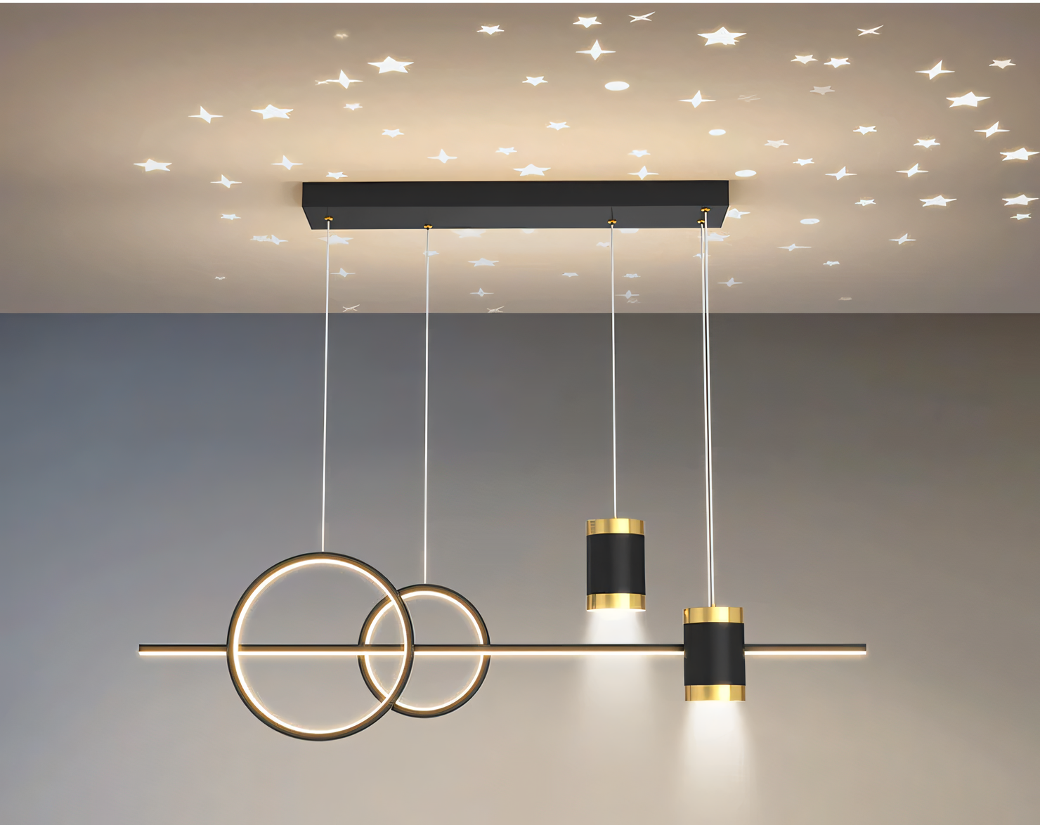 Energy-efficient LED chandelier with a black and gold finish, ideal for creating a warm and inviting atmosphere.