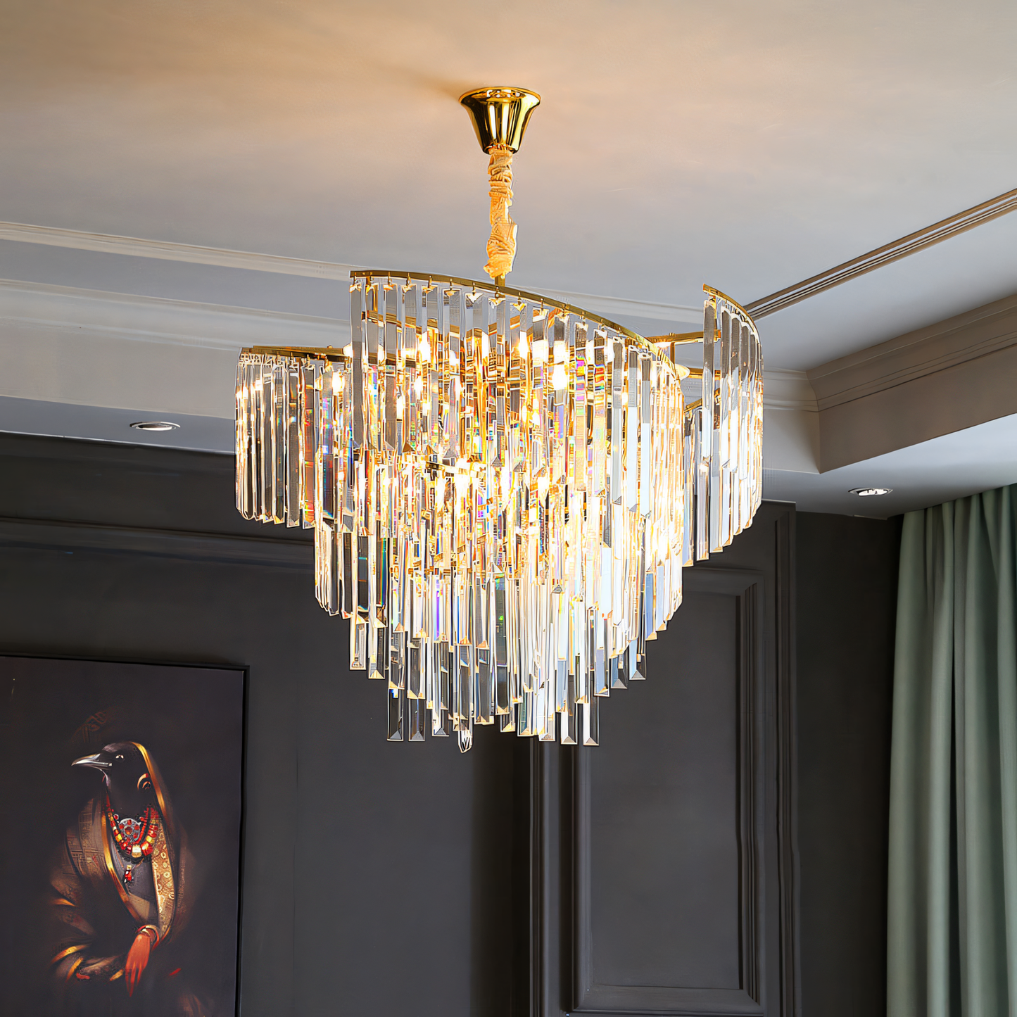 This elegant gold chandelier features a classic round design adorned with high-quality crystals for a timeless touch.