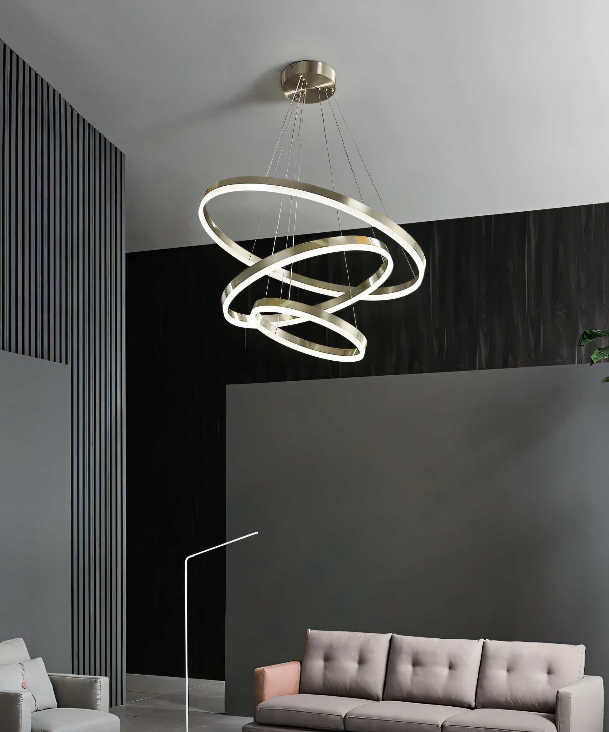 This eye-catching silver ring chandelier features built-in LEDs, providing a modern and energy-efficient lighting solution.