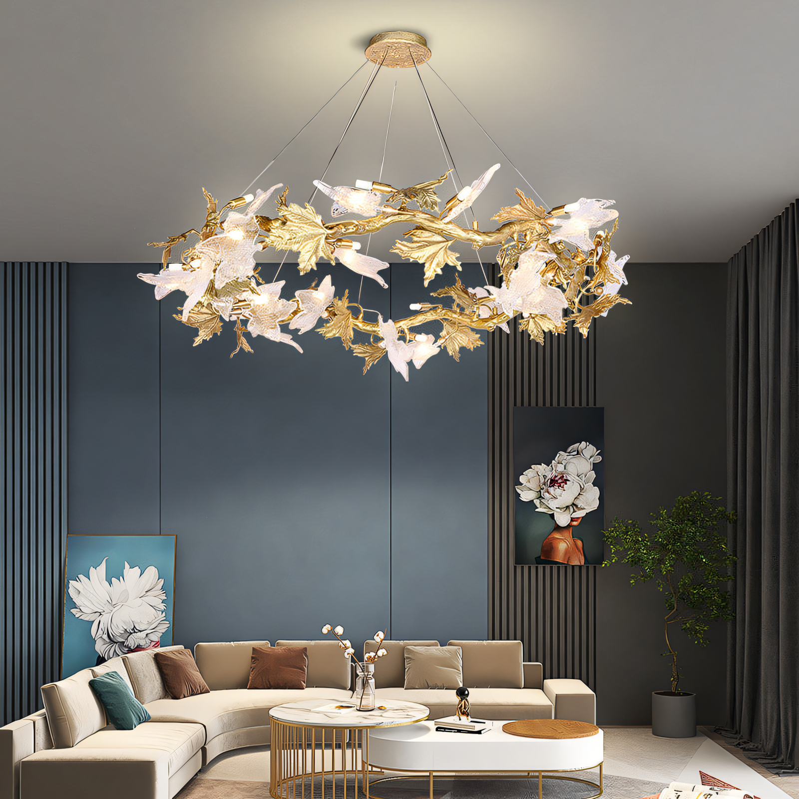 A close-up of the 600 MM Crystal Gold Metal LED Maple Leaf Chandelier reveals the intricate details of the gold frame and the sparkling crystal teardrops.