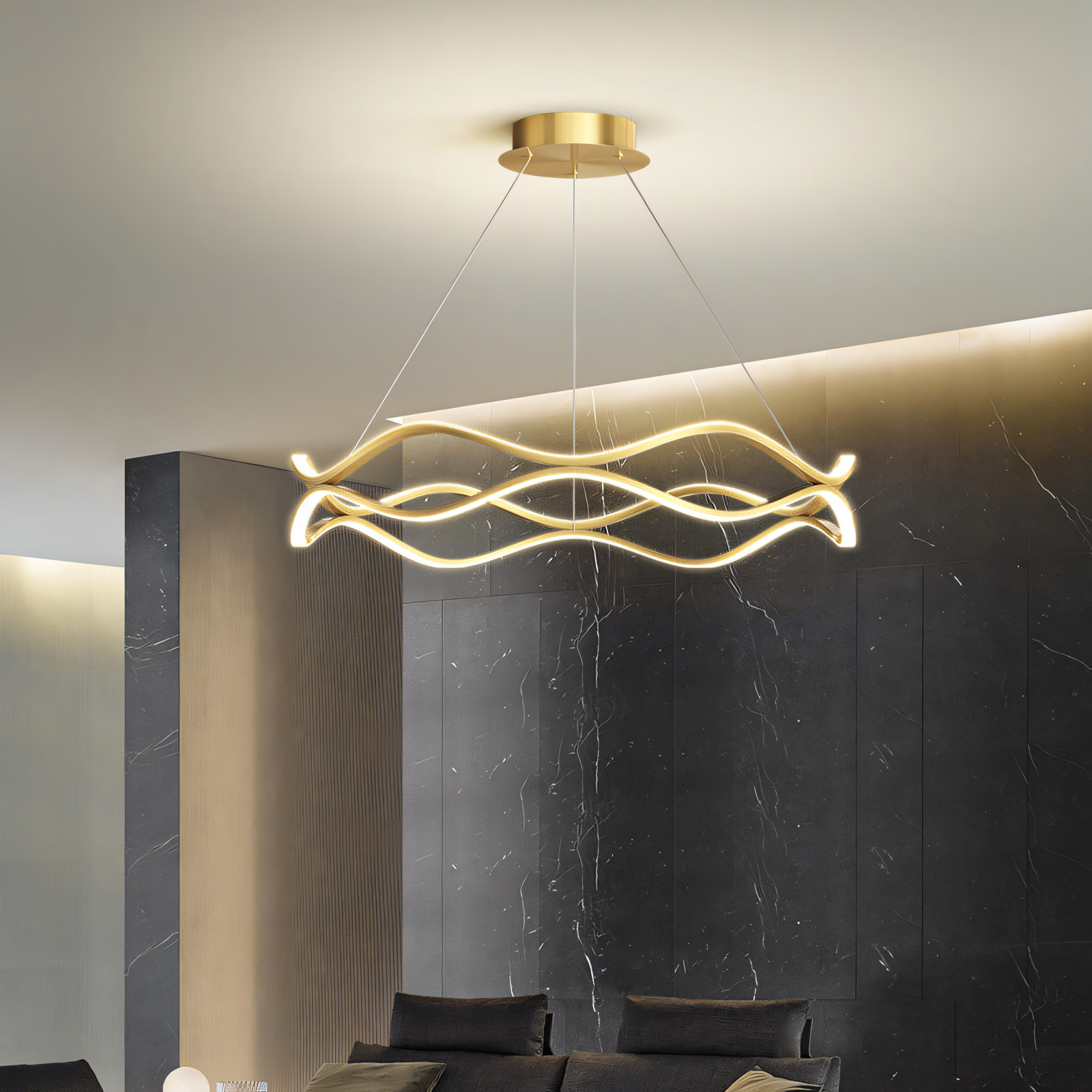 600MM Gold LED Curvy Profile Chandelier Lamp illuminating a modern, minimalist dining room