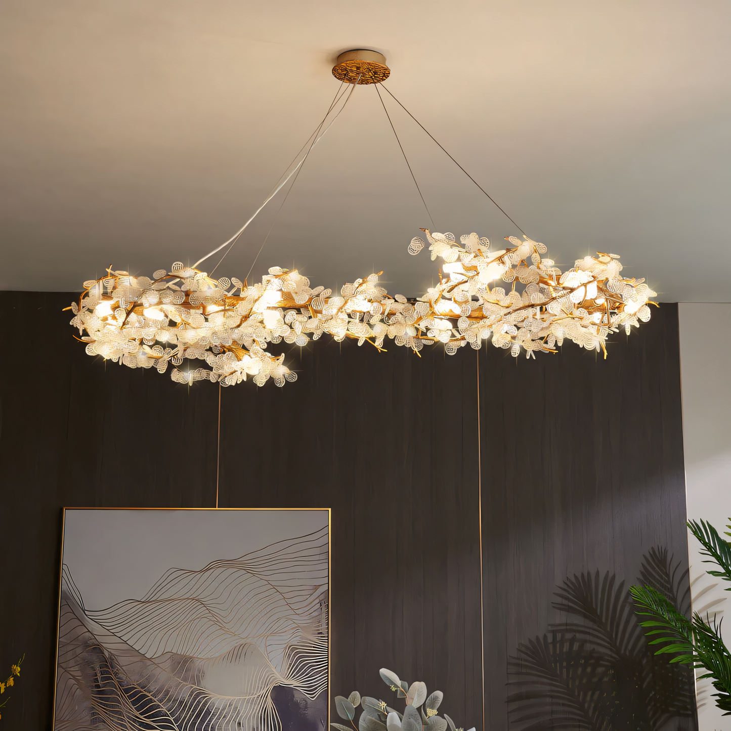 Adjustable hanging chandelier with sleek golden metal frame