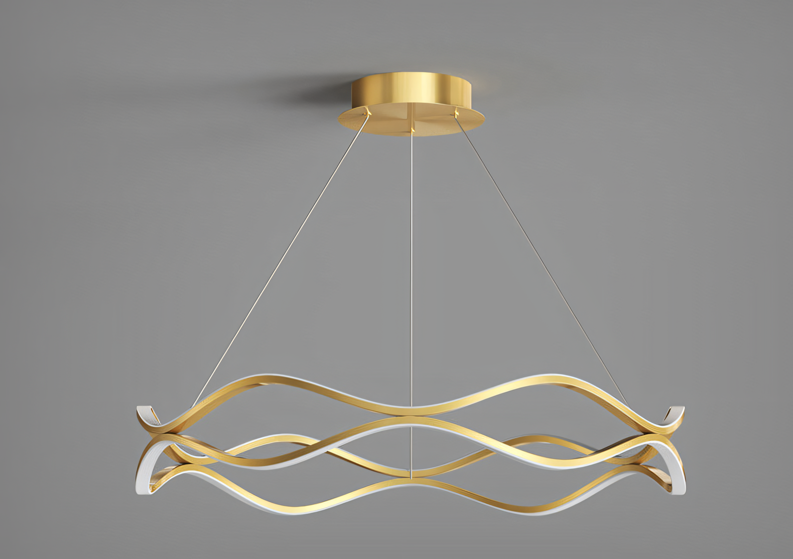 600MM Gold LED Curvy Profile Chandelier Lamp hanging above a wooden dining table in a coastal-inspired home
