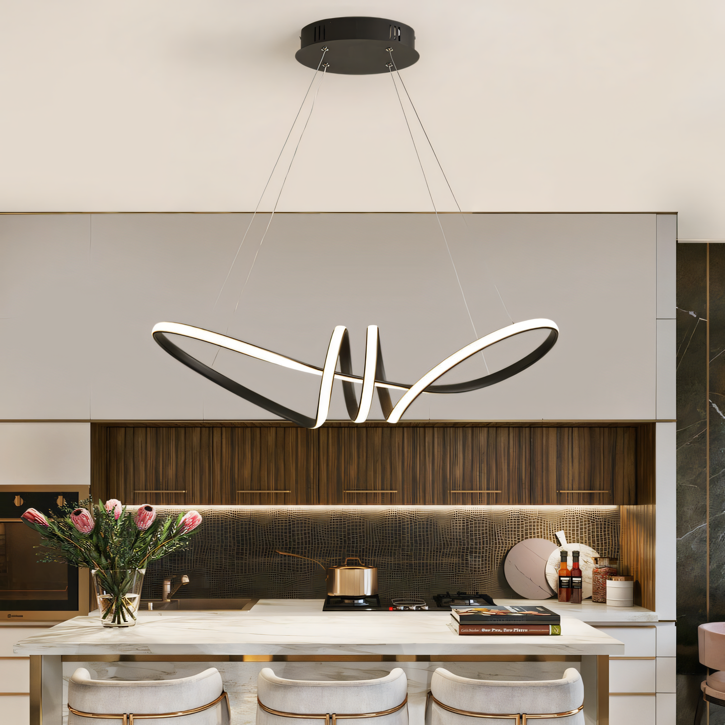 Suspended 700mm wide black metal and LED chandelier with a clean, contemporary silhouette casting a warm, ambient glow