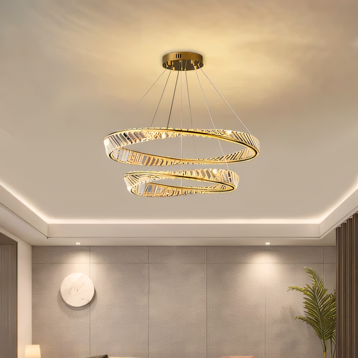 Sophisticated tilted crystal LED chandelier, a timeless addition to any space