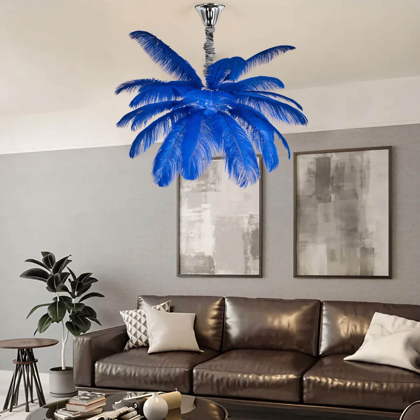 The soft, diffused light of the Ostrich Plume Chandelier creates a calming ambiance in a hotel lobby.