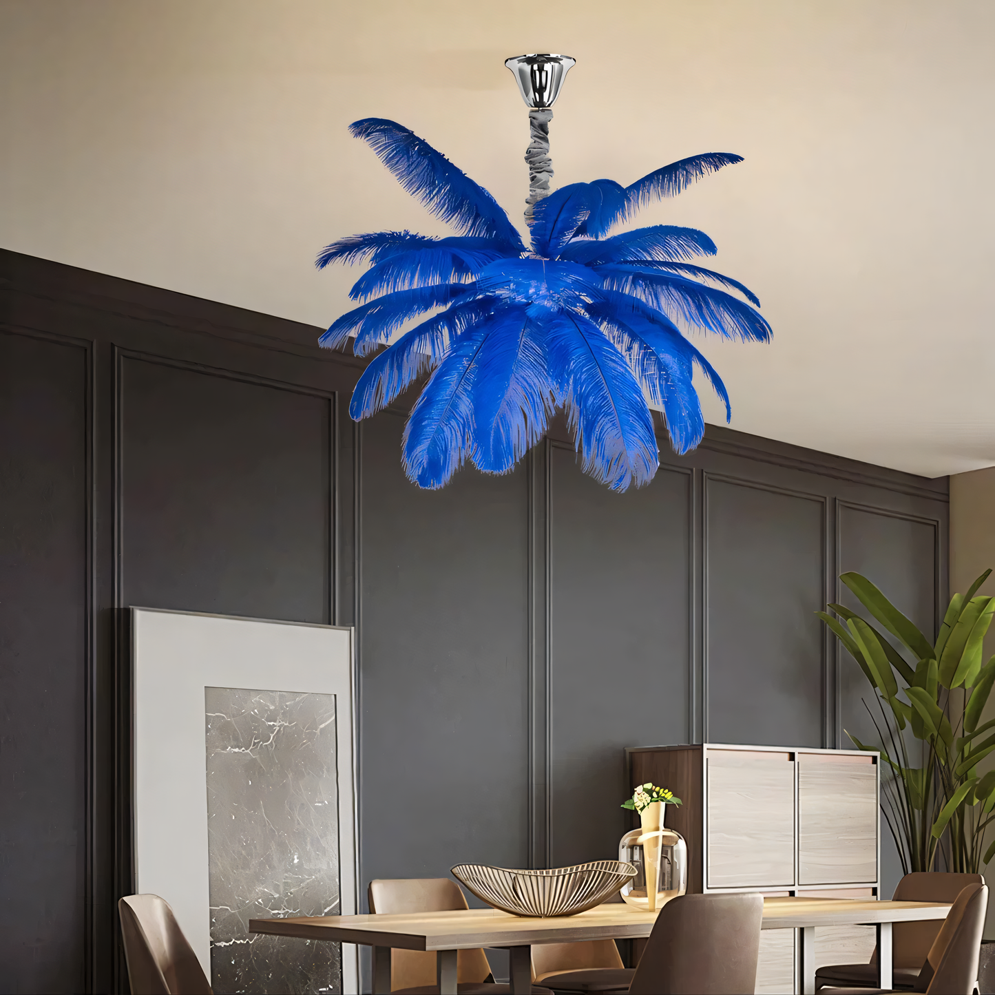 The adjustable hanging length of the Ostrich Plume Chandelier makes it perfect for various ceiling heights.