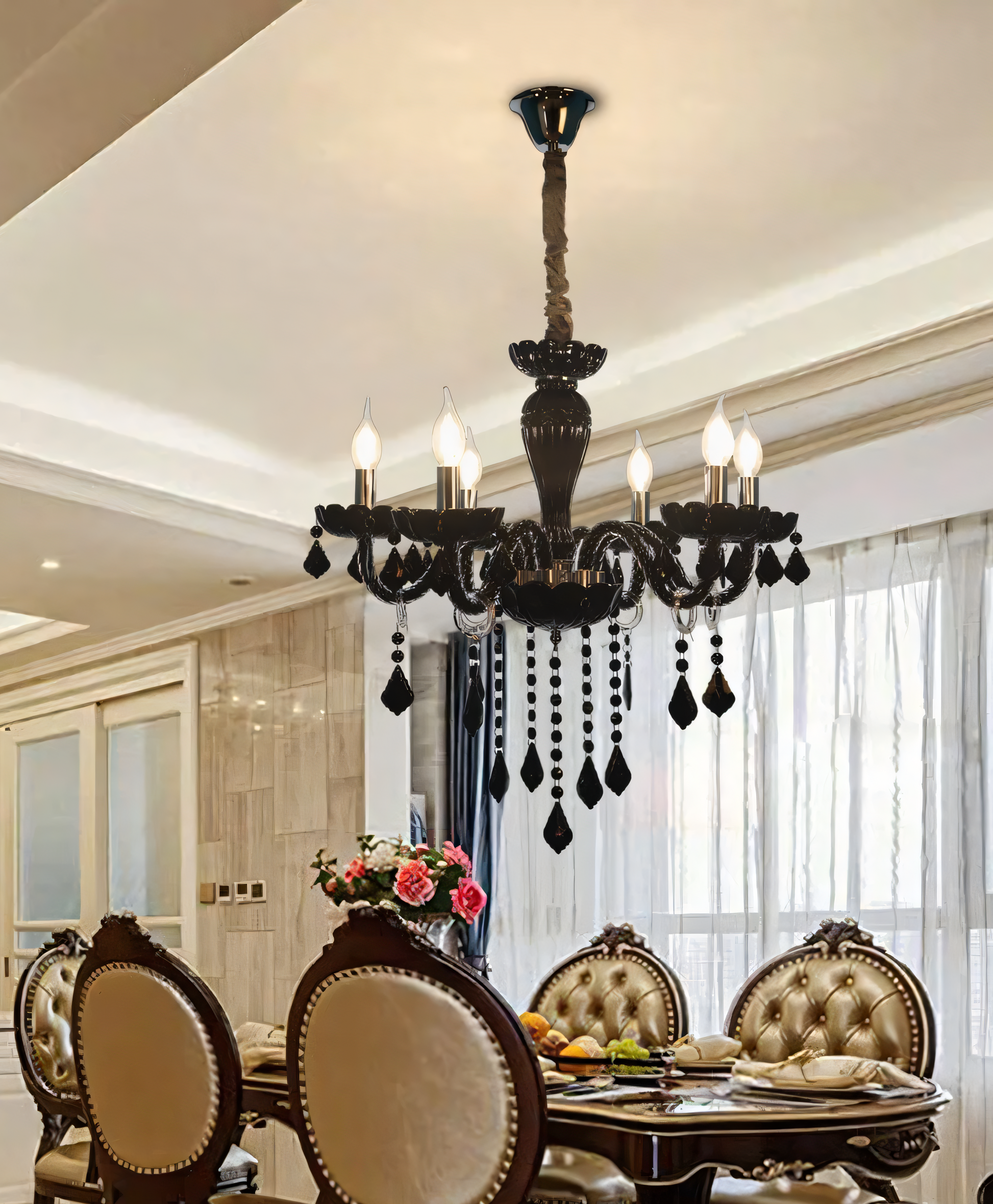 Adjustable-height black and crystal chandelier