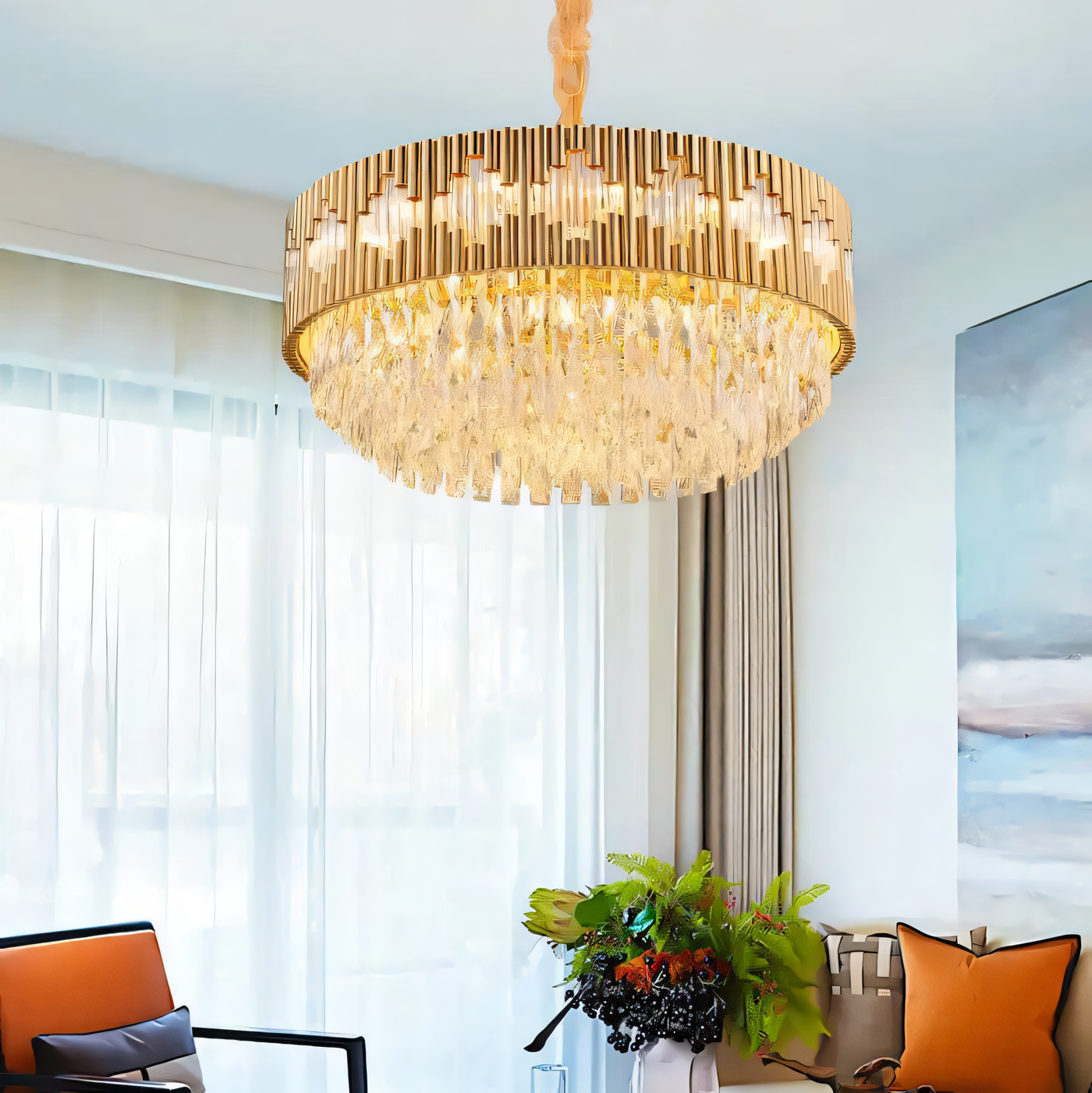 Elegant long crystal glass and gold LED chandelier, a centerpiece of enchantment