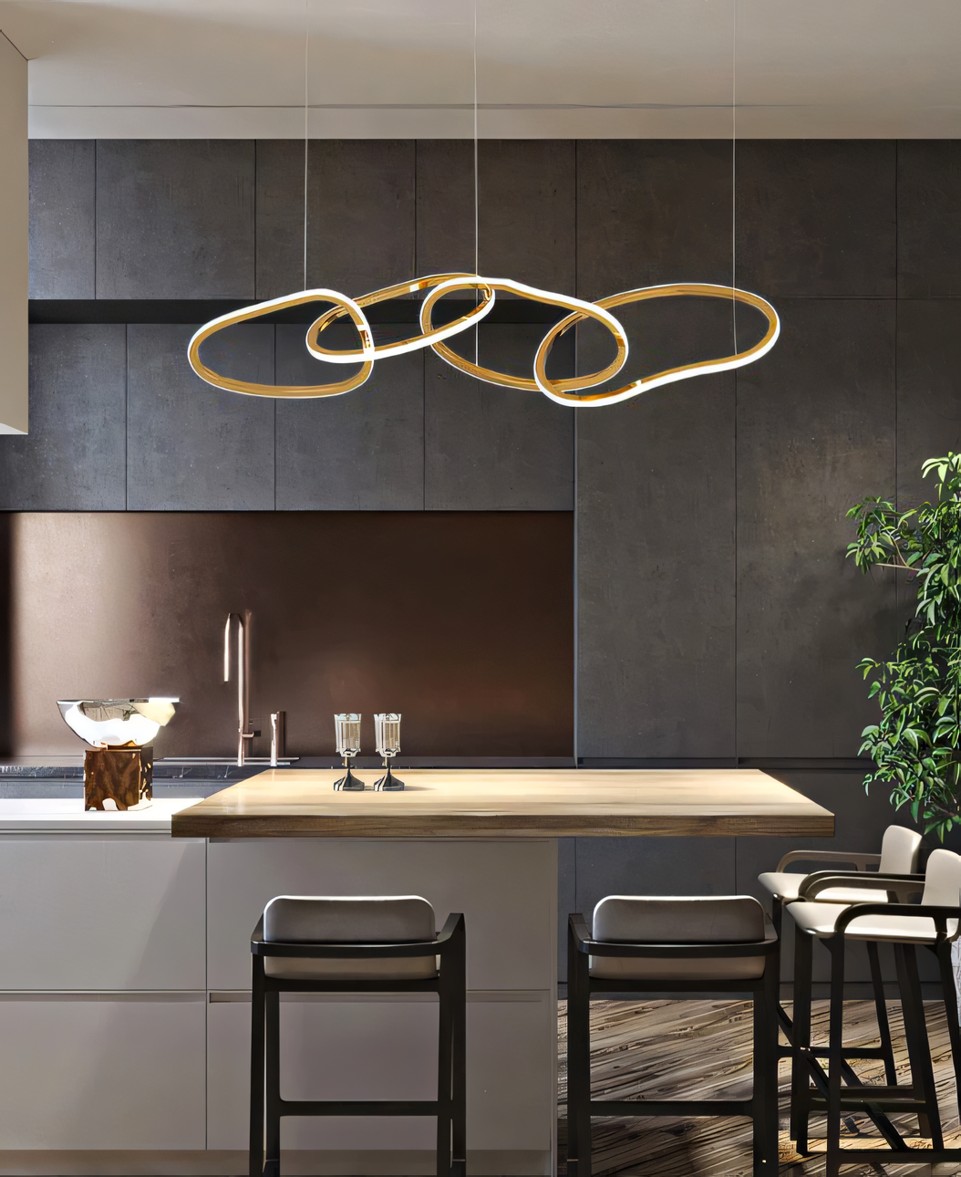 Create a stunning focal point with this 4-ring gold LED chandelier, perfect for hanging above a dining room table or living room seating area.