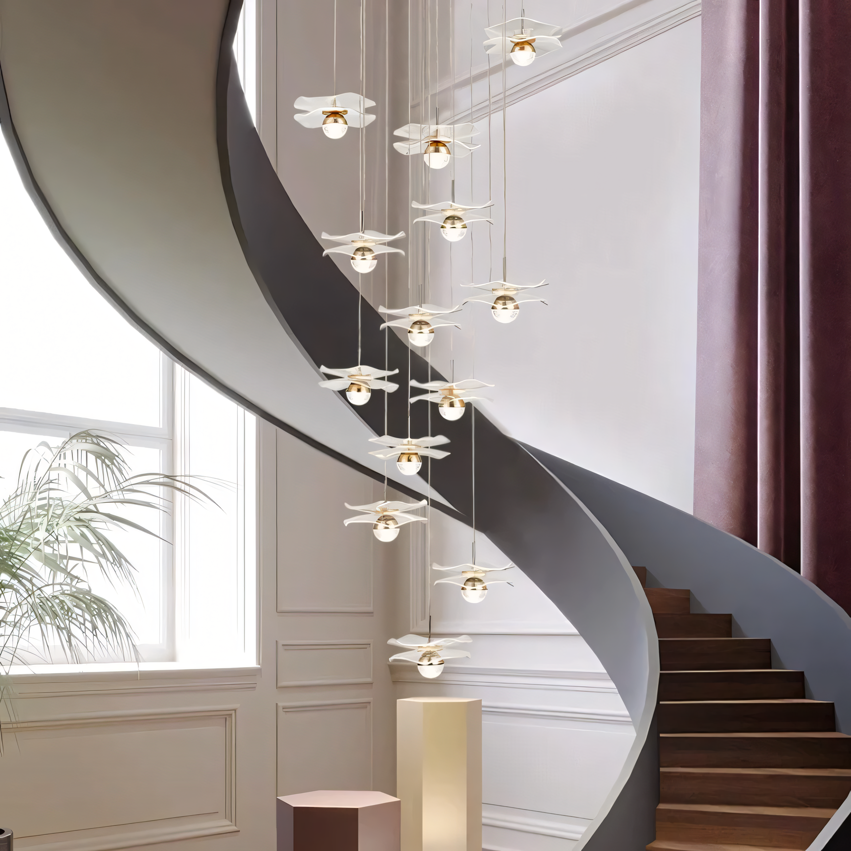 Warm LED illumination from floral height stair chandelier