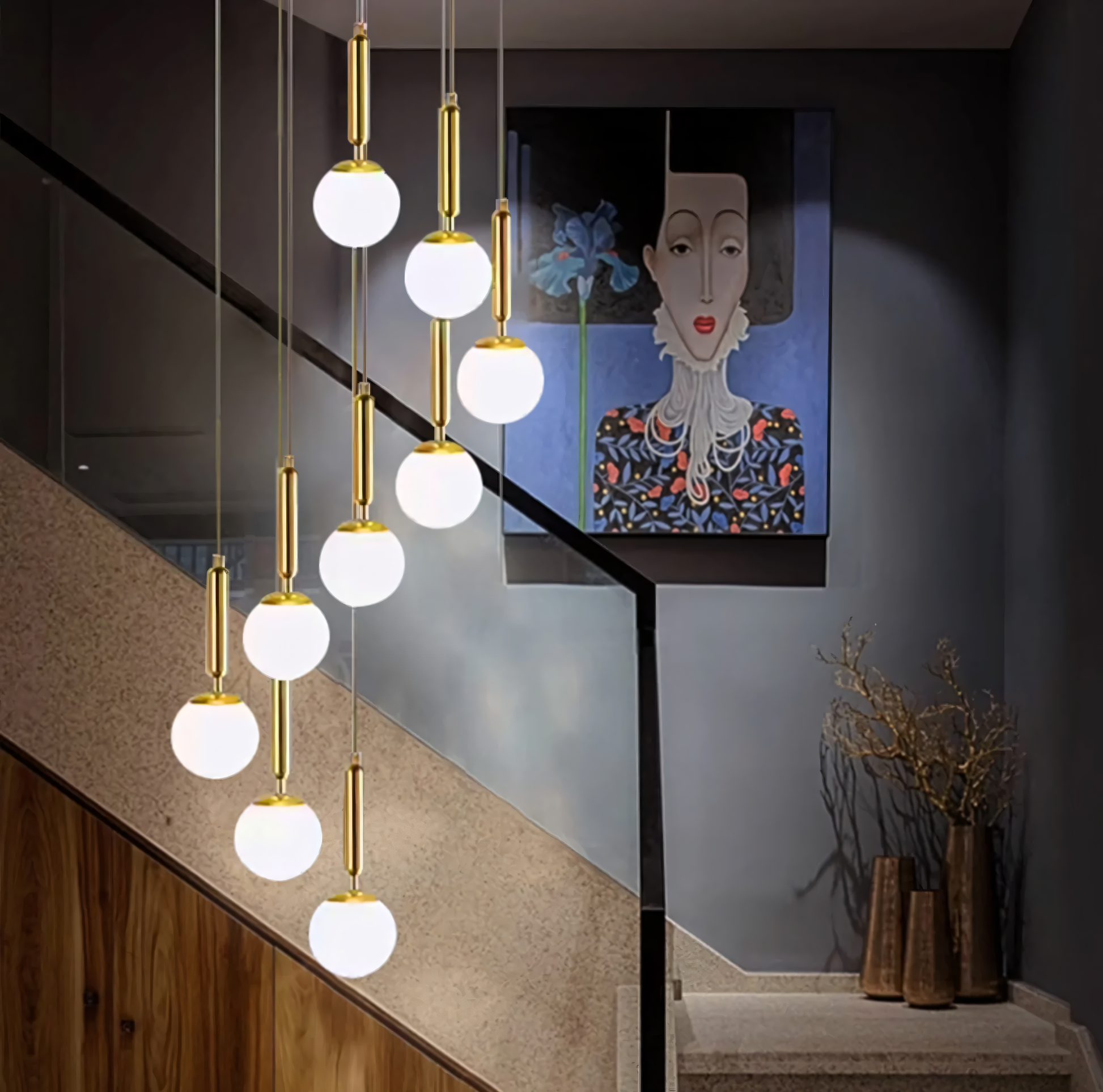 Energy-efficient LED frosted glass stair chandelier