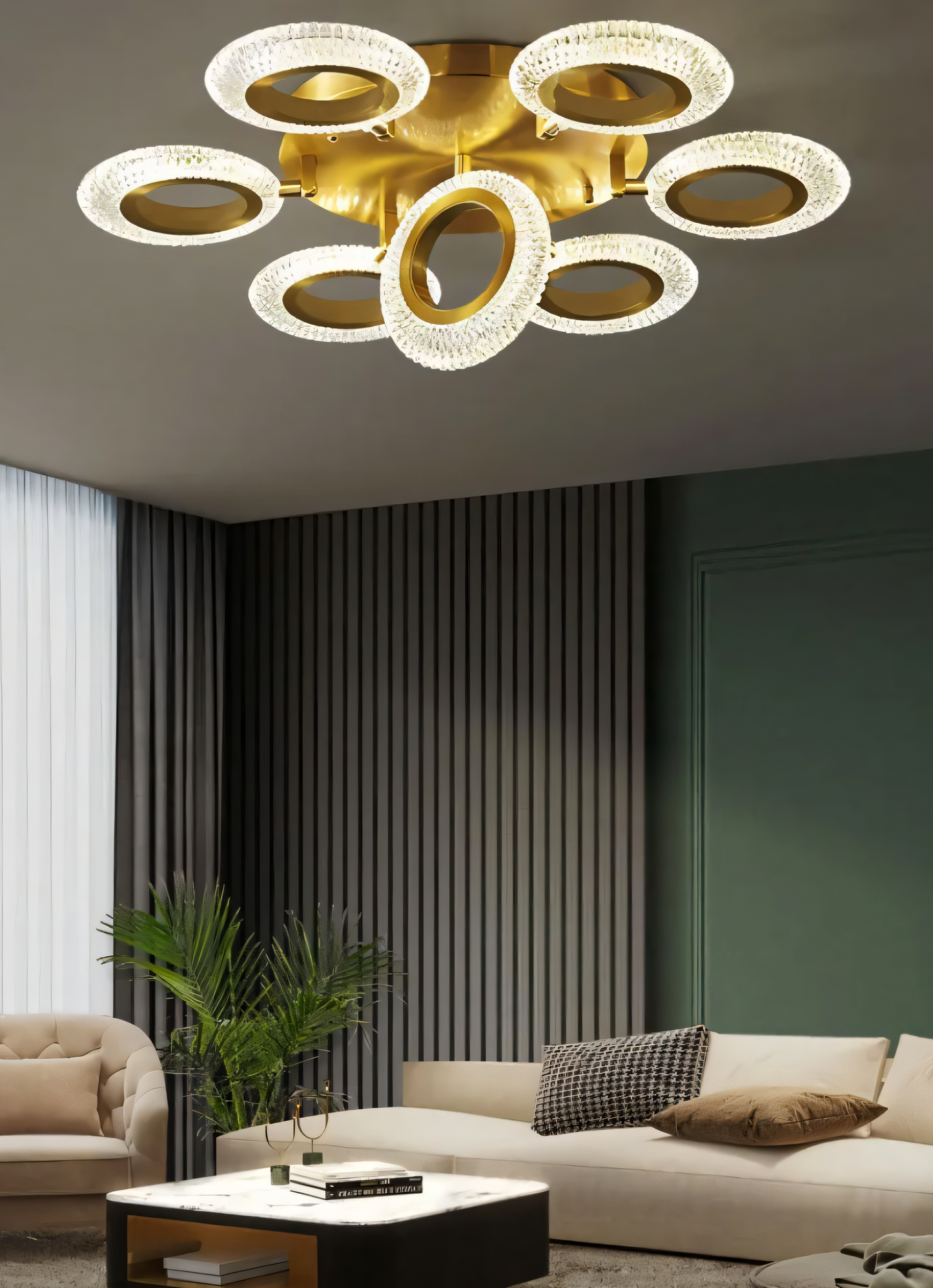 Elegant Gold Chandelier: A stunning gold chandelier with a futuristic design, perfect for upscale living rooms.