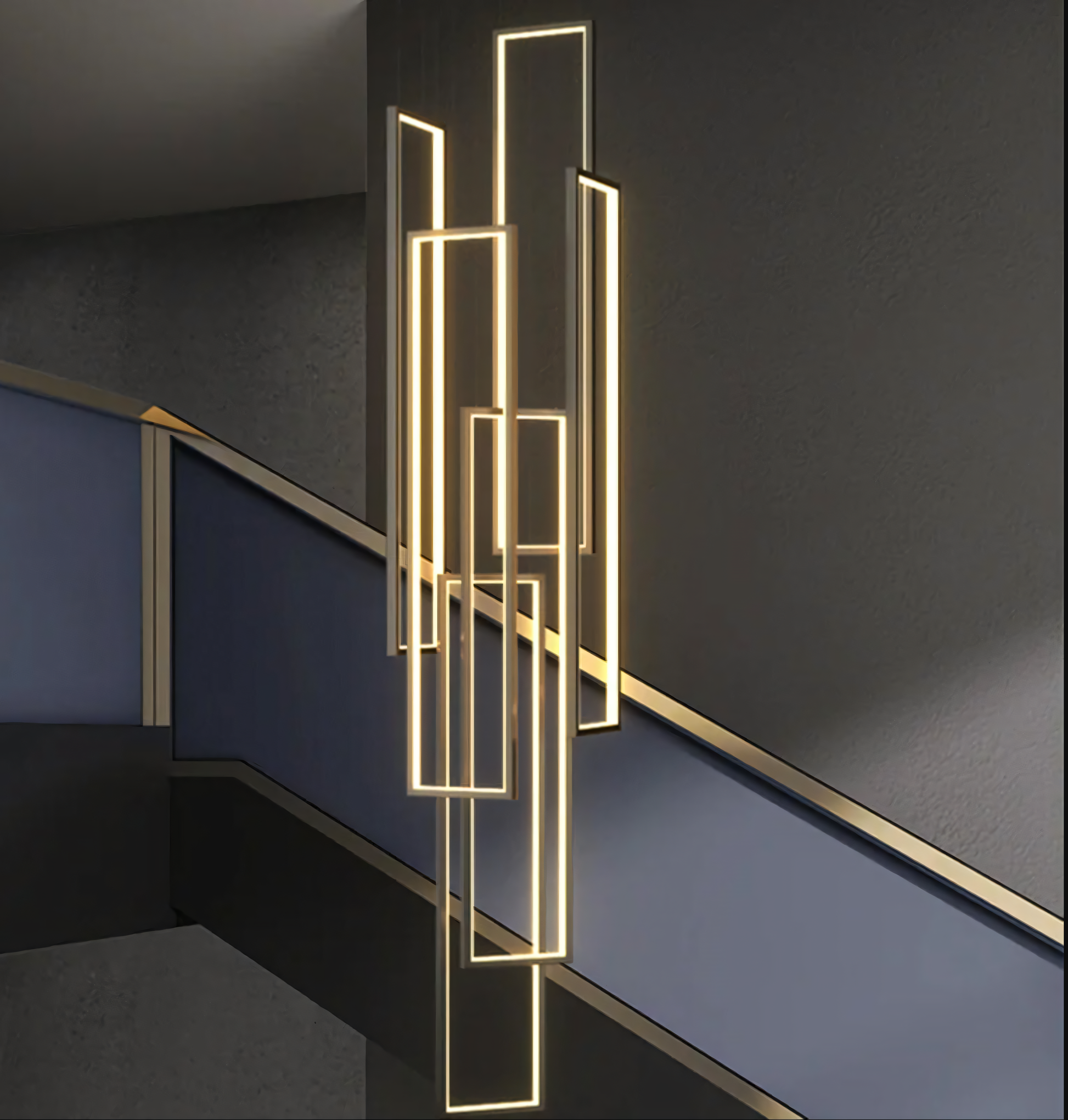 Rectangular double height LED stair chandelier