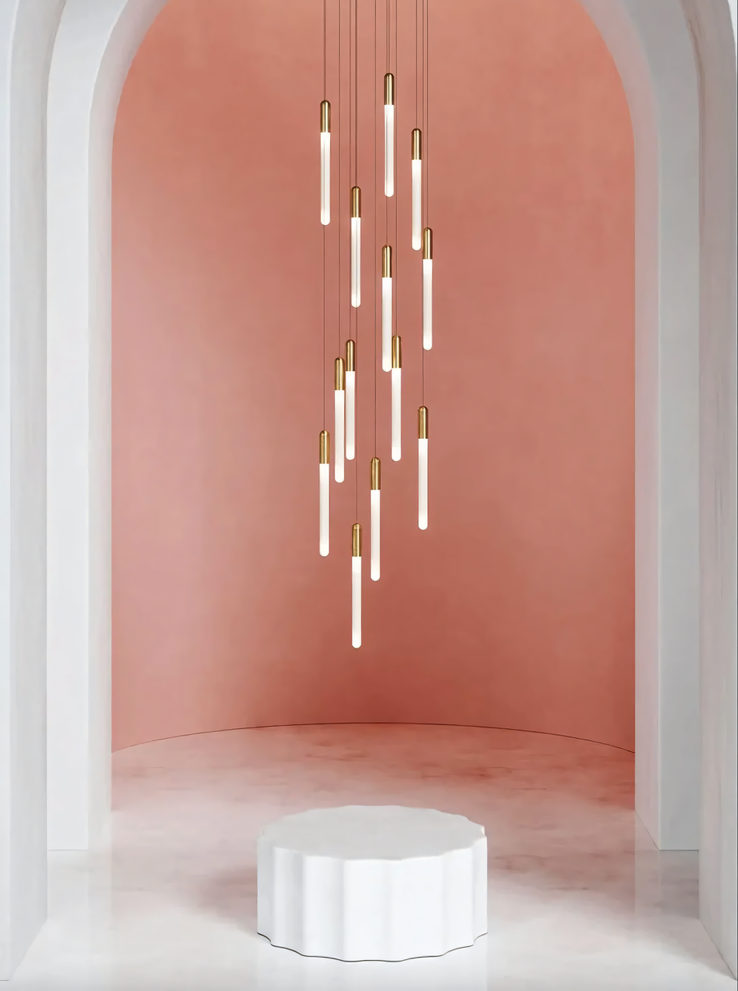 Energy-efficient LED chandelier with a cascading design of acrylic rods and gold accents, ideal for double-height staircases.