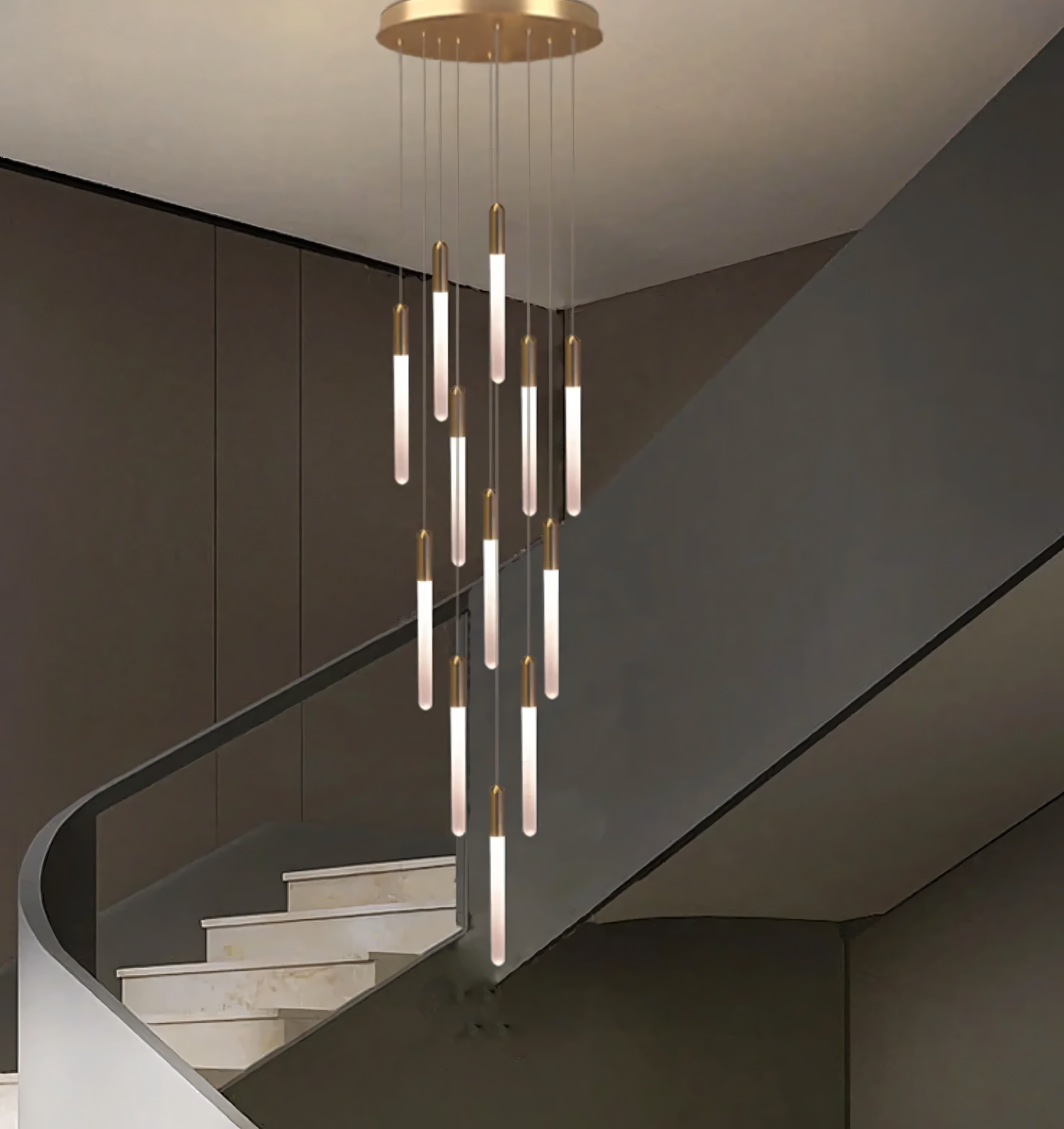 Modern LED chandelier with cascading acrylic rods and gold accents, perfect for a dramatic double-height staircase.