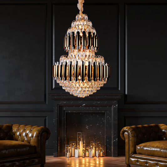 Exquisite crystal chandelier with gold frame