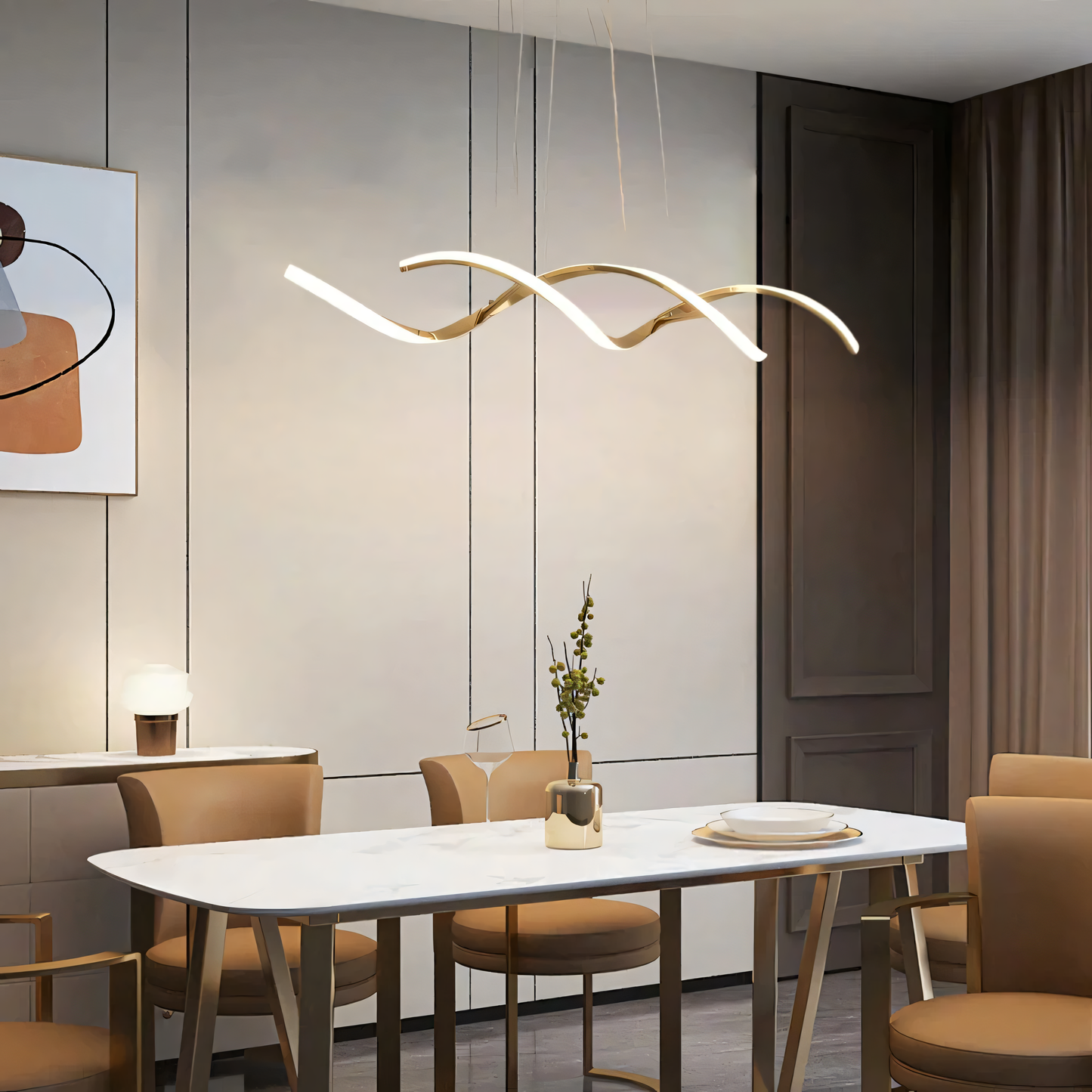 The adjustable hanging length of the Swirl Luxe Modern Dining Chandelier makes it perfect for various ceiling heights in a dining room.