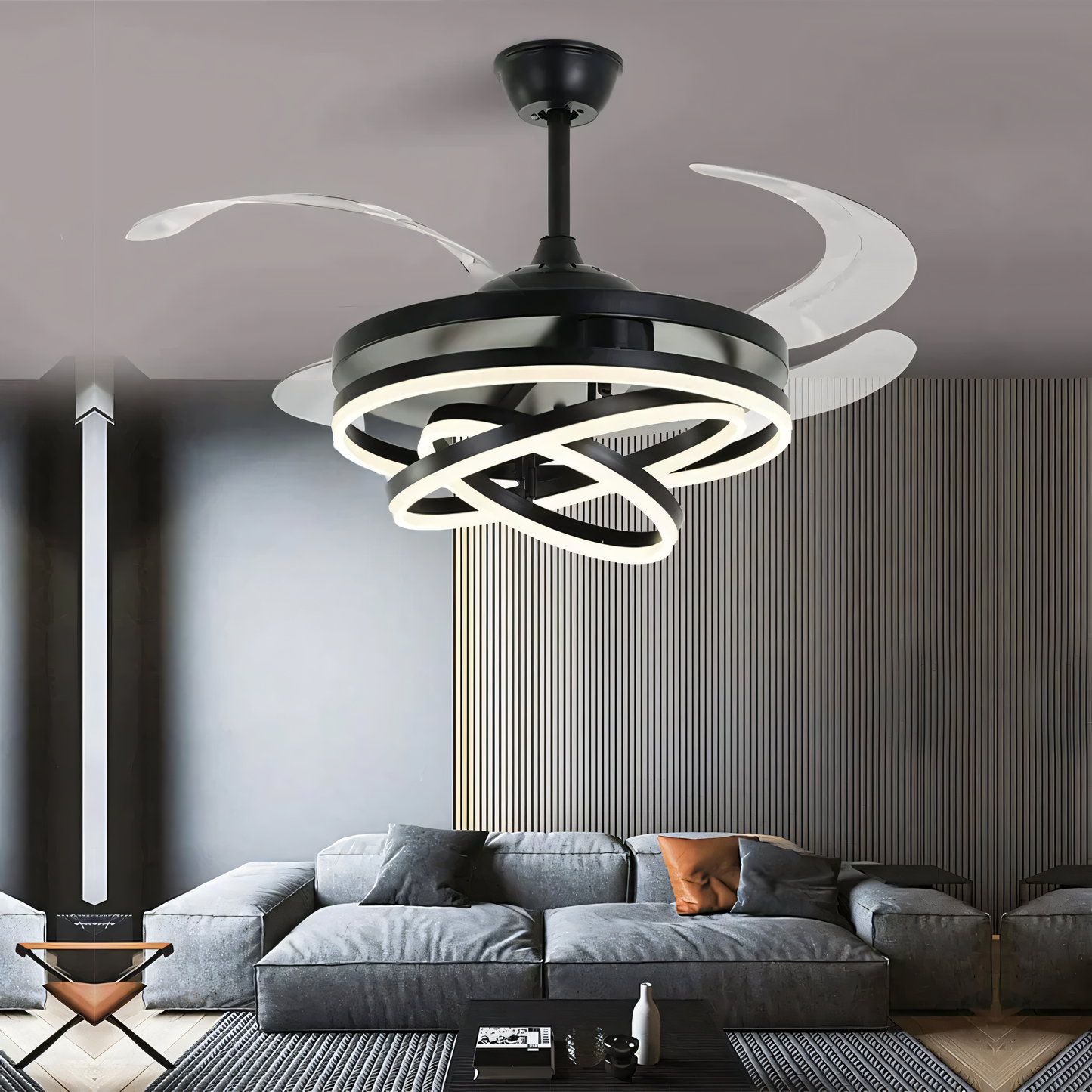 Contemporary ceiling fan with ambient chandelier illumination