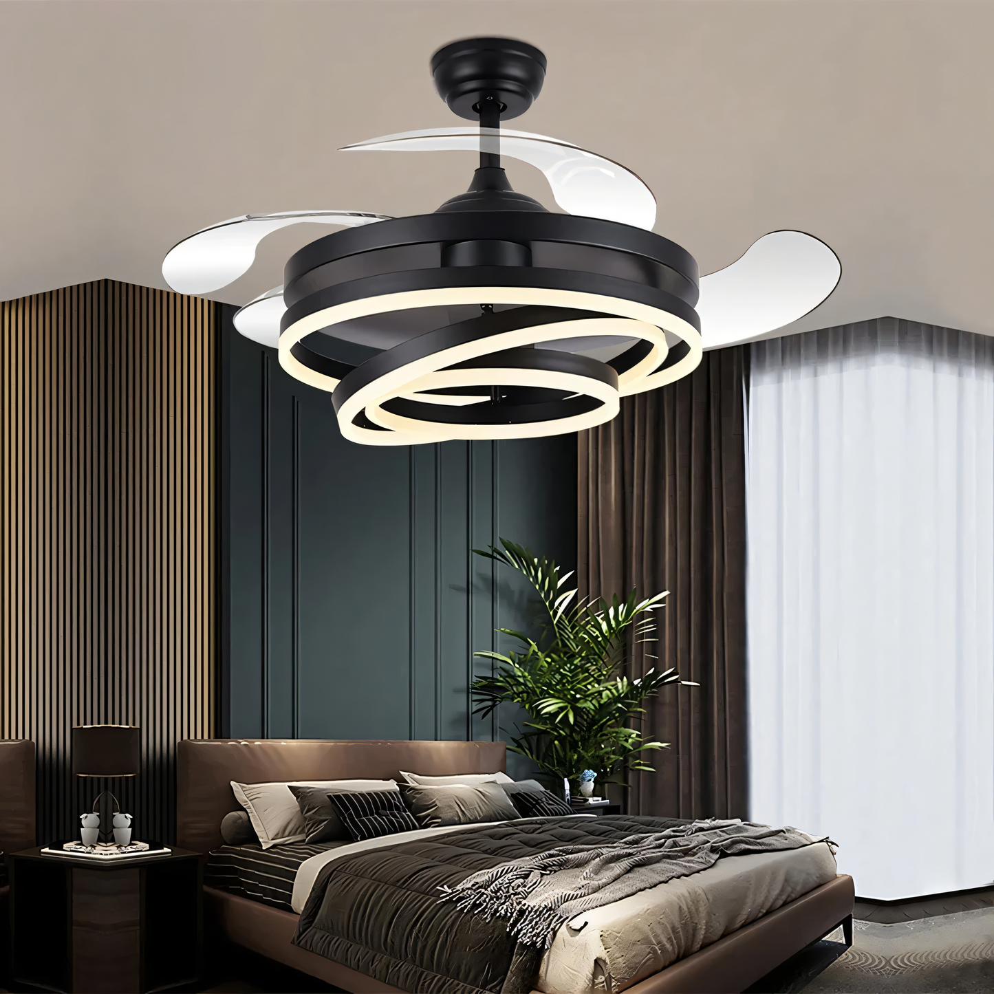 Sleek and sophisticated ceiling fan with chandelier lighting