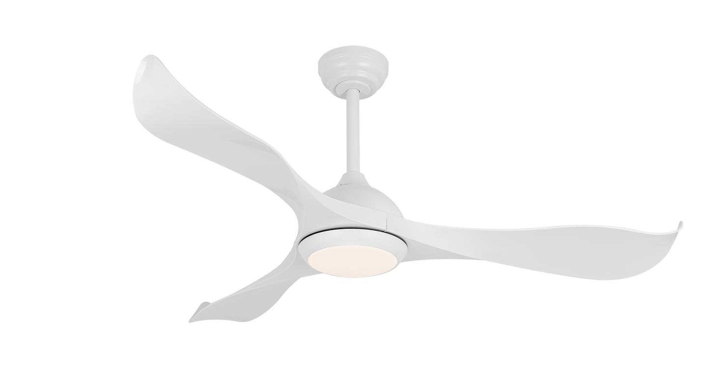 White Comet Ceiling Fan with sleek, curved blades in a modern living room