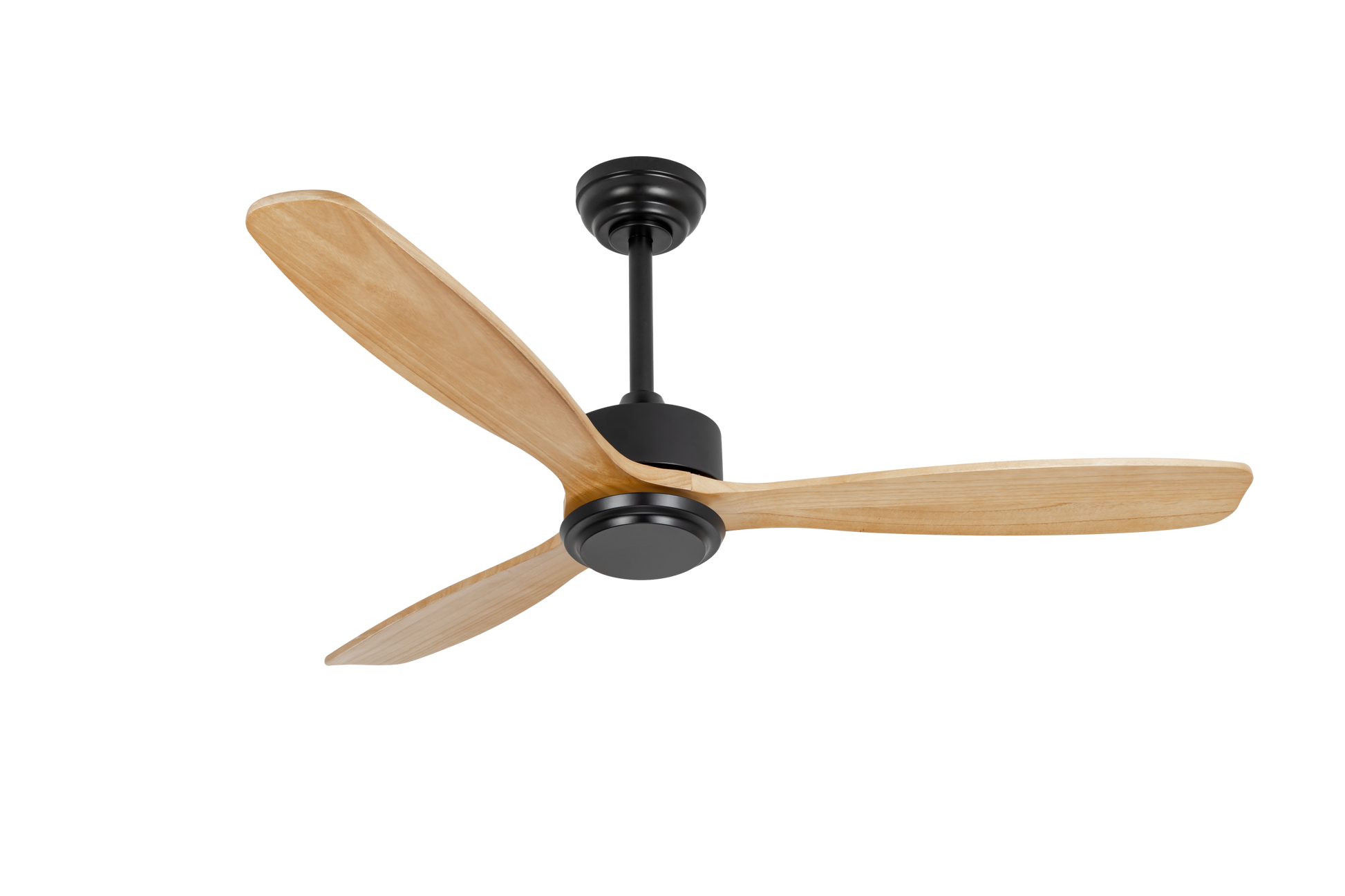 Three-bladed wooden ceiling fan with rich brown finish and black center hub