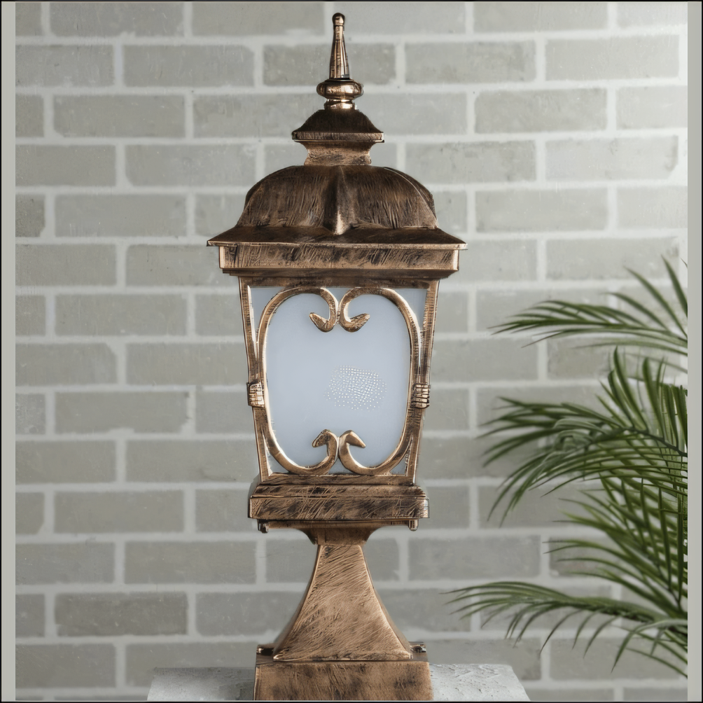 Warm, golden hue of the Antique Gold Metal Gate Light's frame