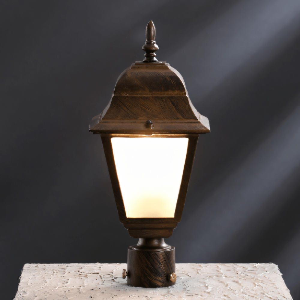 Brown Metal Gate Light illuminating the entryway to a Desert Oasis sanctuary