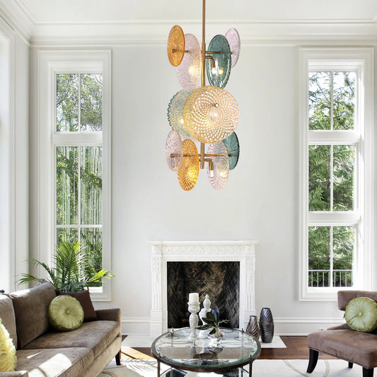 Trendsetter medium gold chandelier illuminating a modern living room with its avant-garde design