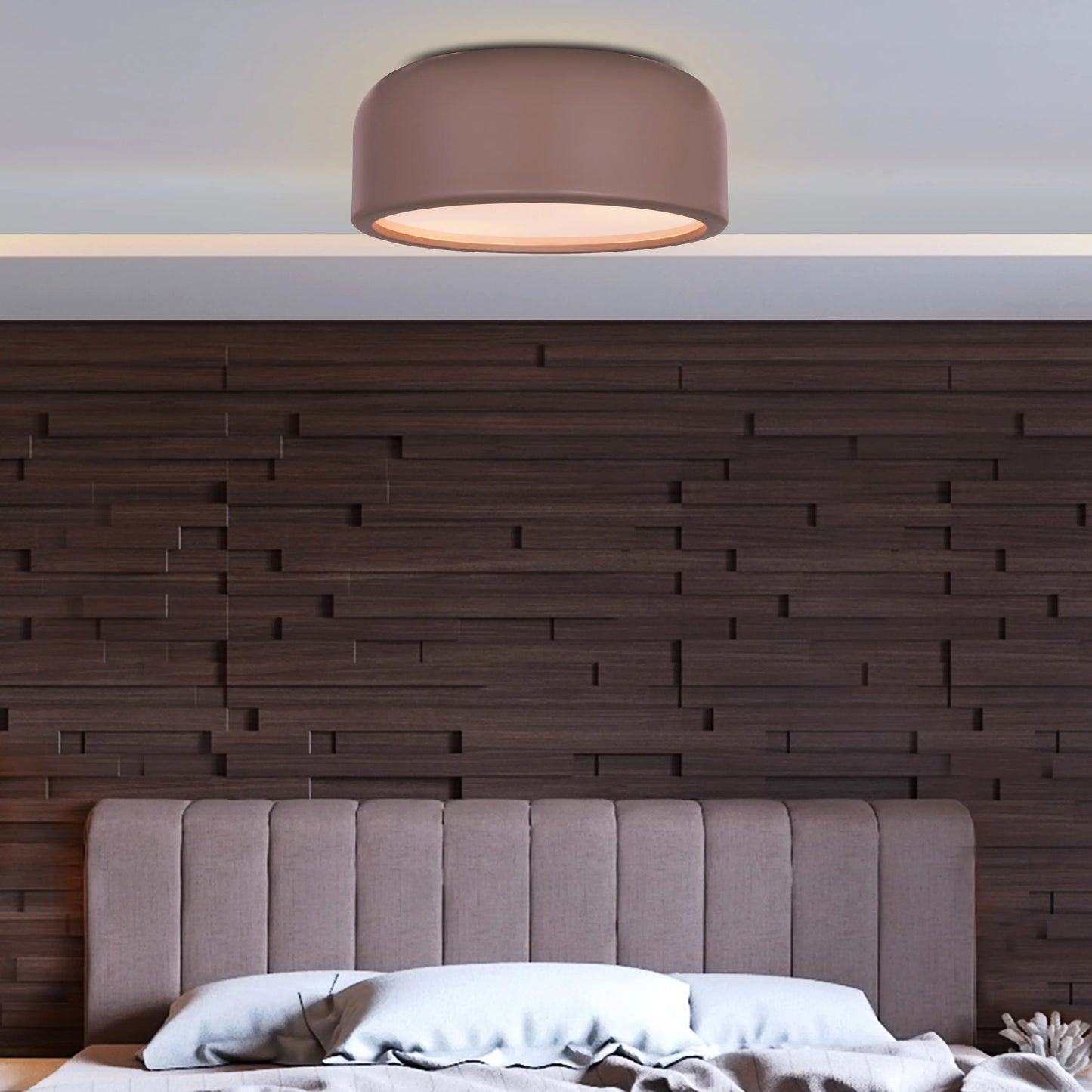 Artistic 19-inch Smart LED Ceiling Light with 3 adjustable bulbs, casting warm light in a contemporary bedroom