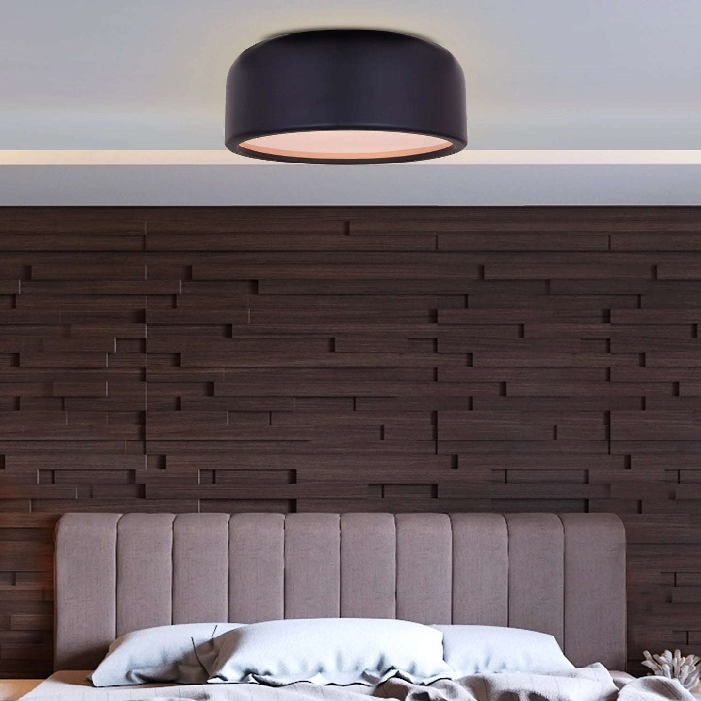 Artistic 19-inch Smart LED Ceiling Light with 3 adjustable bulbs, casting warm light in a contemporary bedroom