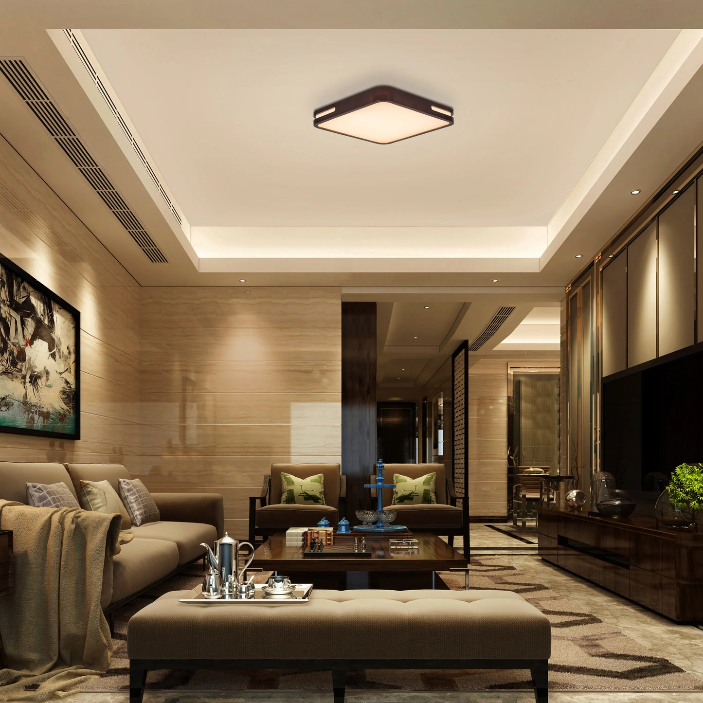 Wooden ceiling light with dimmable LED and remote.