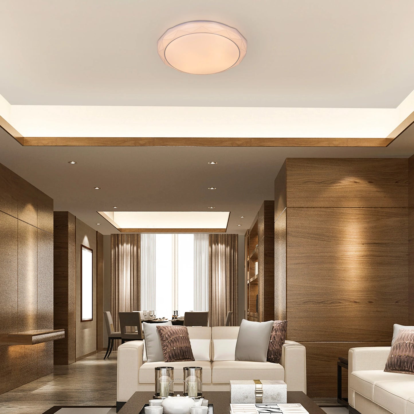 Chrome ceiling light with sleek design and built-in LED lights, displaying warm white illumination