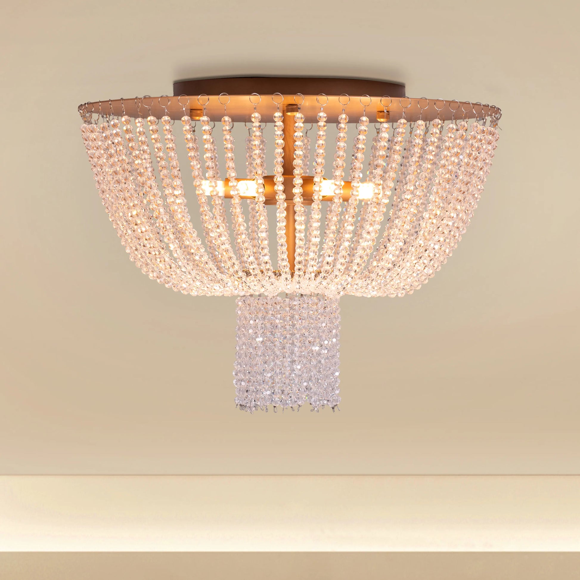 Warm Embrace Gold Crystal Ceiling Light featuring a golden framework adorned with multifaceted crystals, designed to create a luxurious and comforting warm glow in elegant spaces.