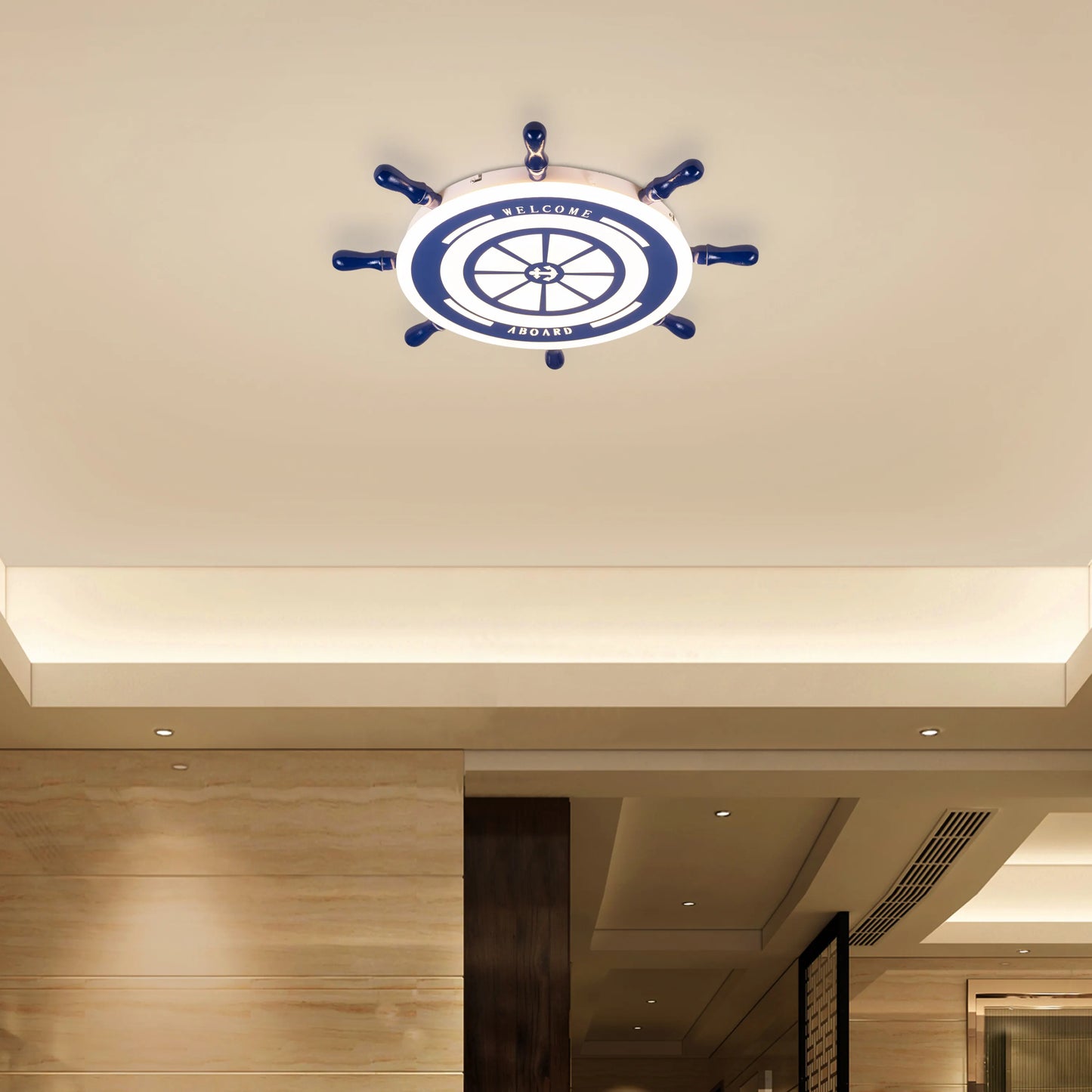 Blue ship-shaped dimmable LED ceiling light with remote control for kid's room