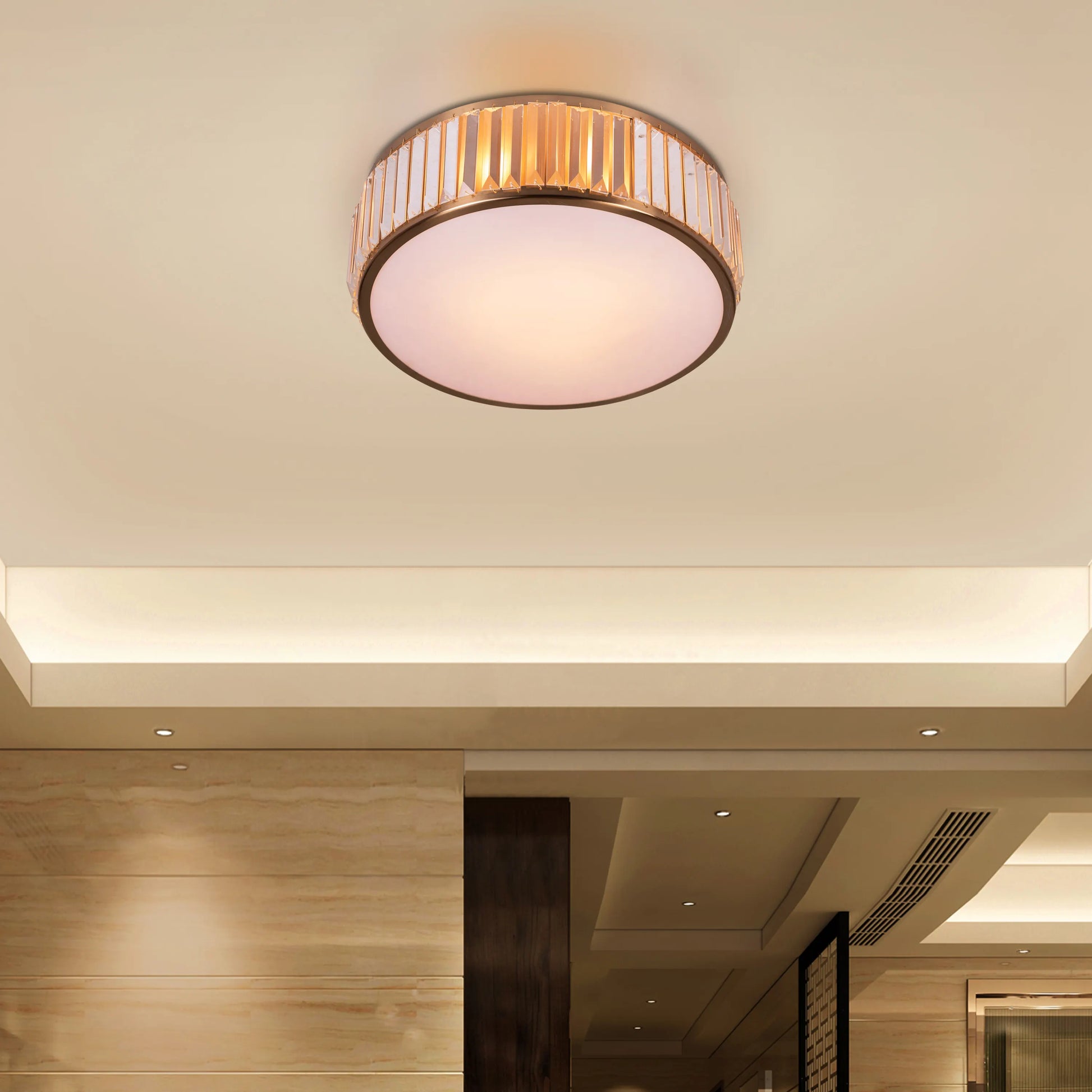 Matinee Gold Crystal Ceiling Light featuring cascading crystal droplets suspended from a circular gold frame, creating a luxurious and sparkling illumination for elegant spaces.