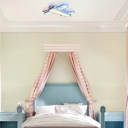 Blue airplane-themed LED ceiling light with remote control for kid's room