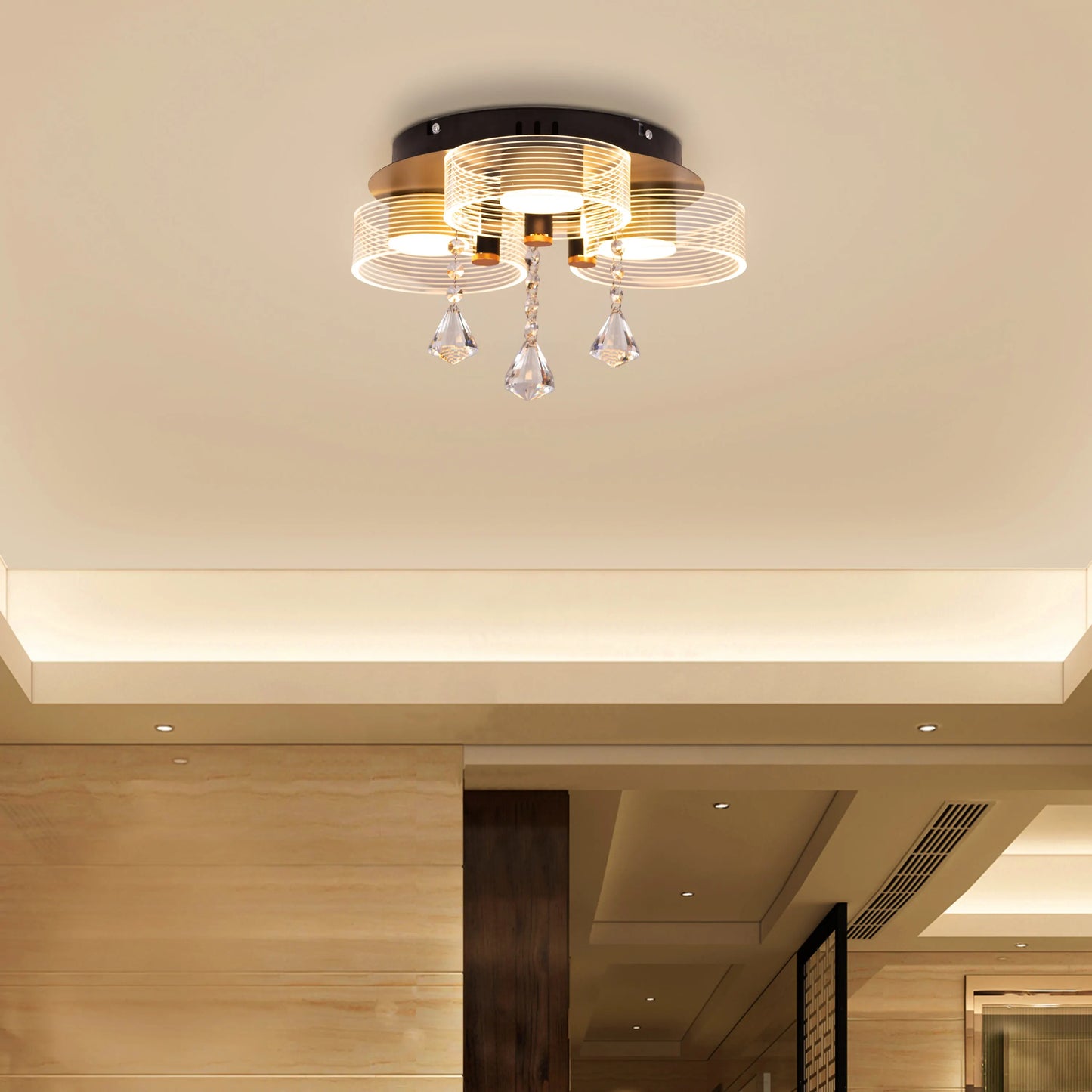 Meet And Greet (Gold, Dimmable LED with Remote Control, 3 Head) Crystal Ceiling Light