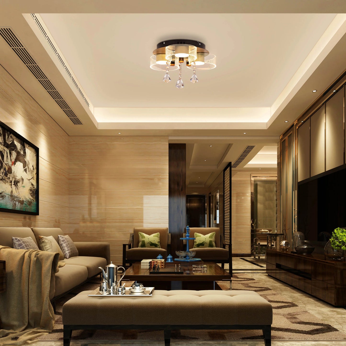 Meet And Greet (Gold, Dimmable LED with Remote Control, 3 Head) Crystal Ceiling Light