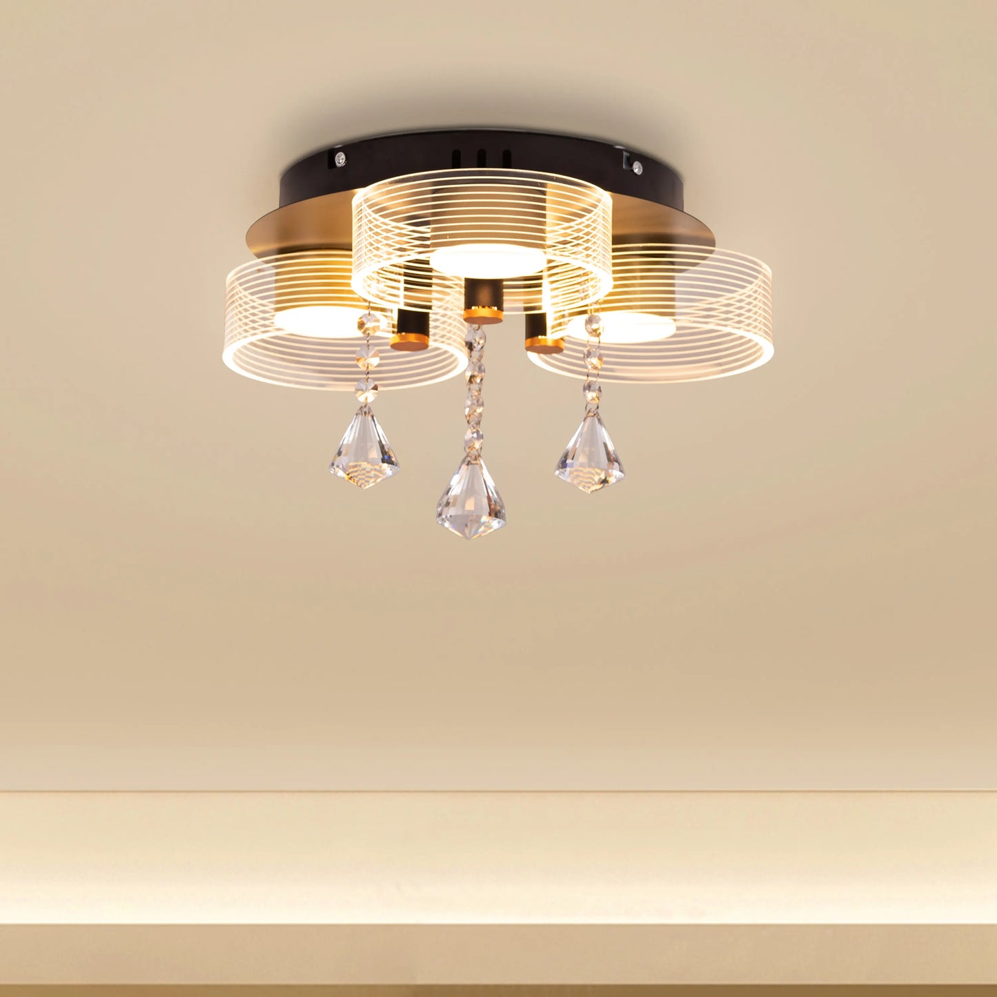 Meet And Greet (Gold, Dimmable LED with Remote Control, 3 Head) Crystal Ceiling Light