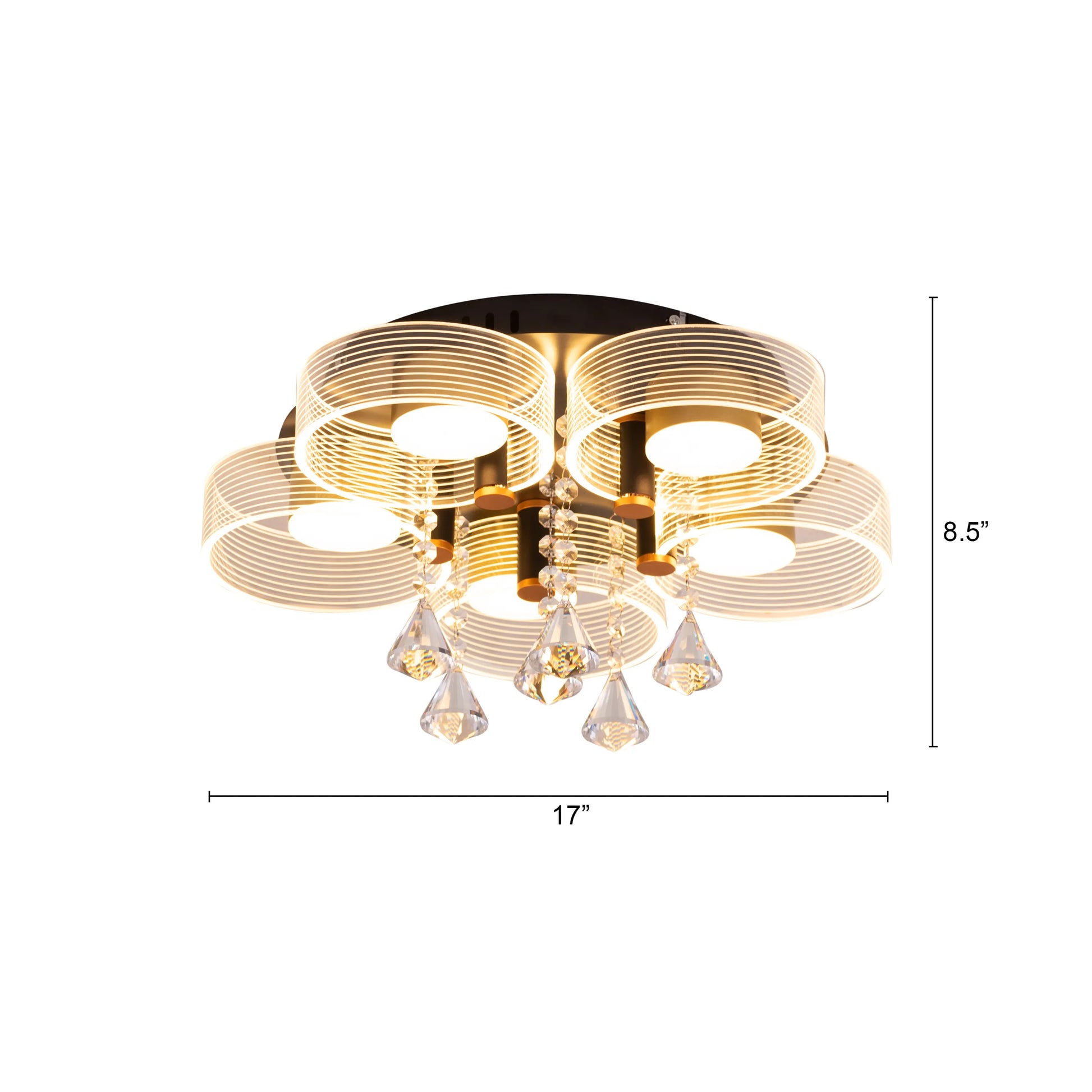 Five-head gold LED ceiling light with crystal details.