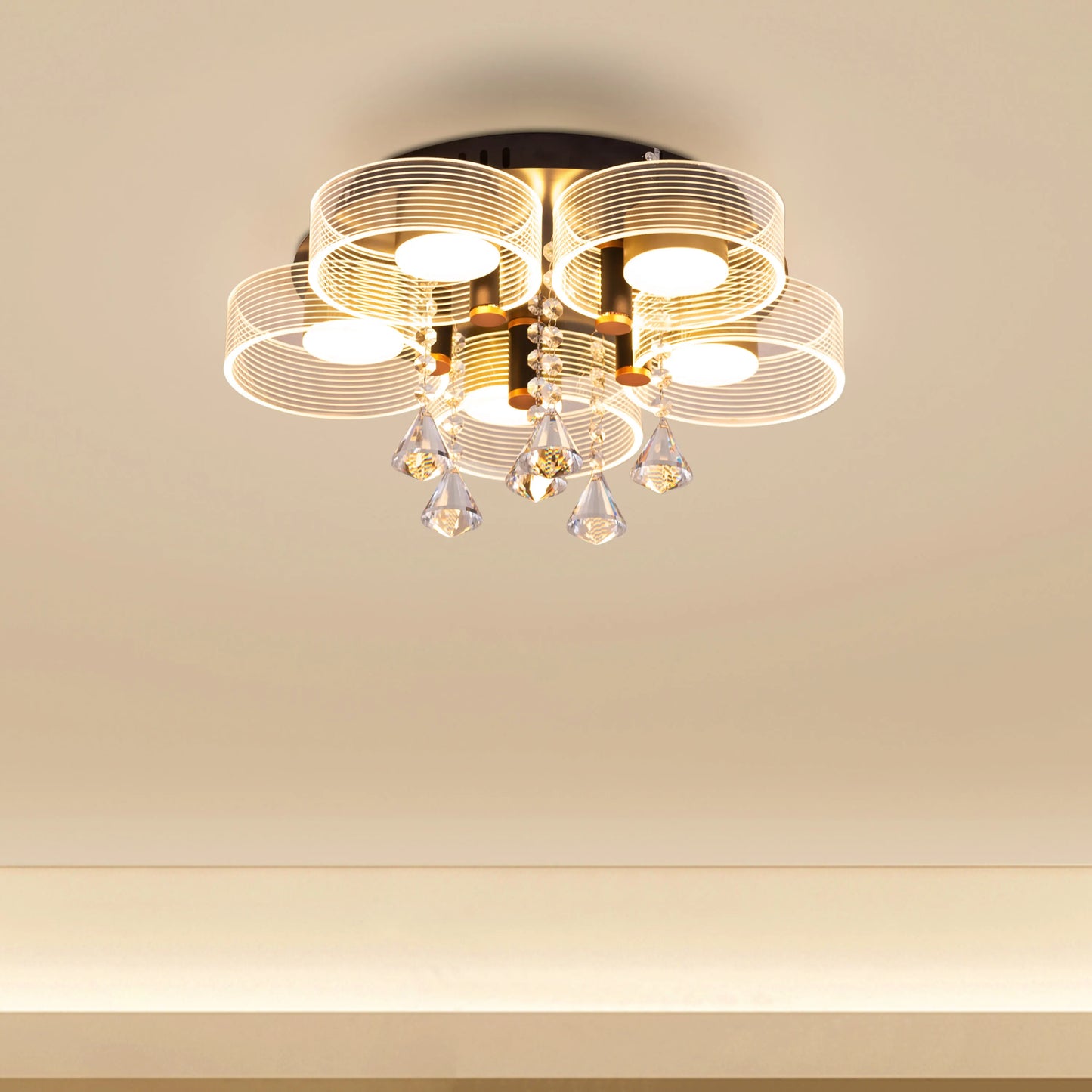 Meet And Greet (Gold, Dimmable LED with Remote Control, 5 Head) Crystal Ceiling Light