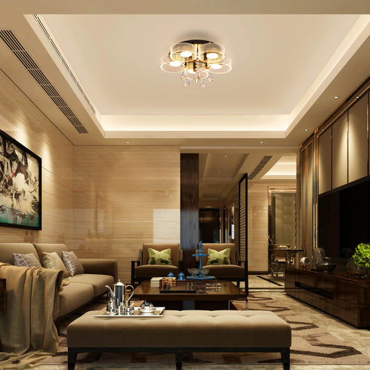 Gold crystal ceiling light with five heads and dimmable LED.