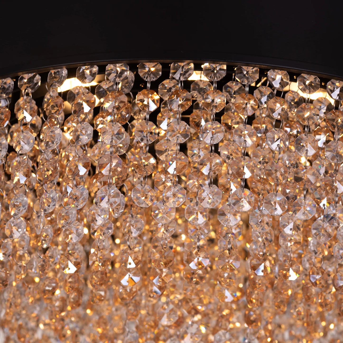 Close-up of sparkling crystal prisms on Black Tie Ceiling Light