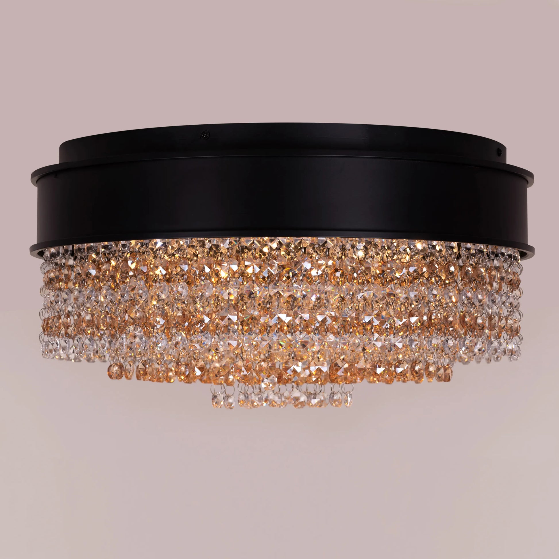 Close-up of sparkling crystal prisms on Black Tie Ceiling Light